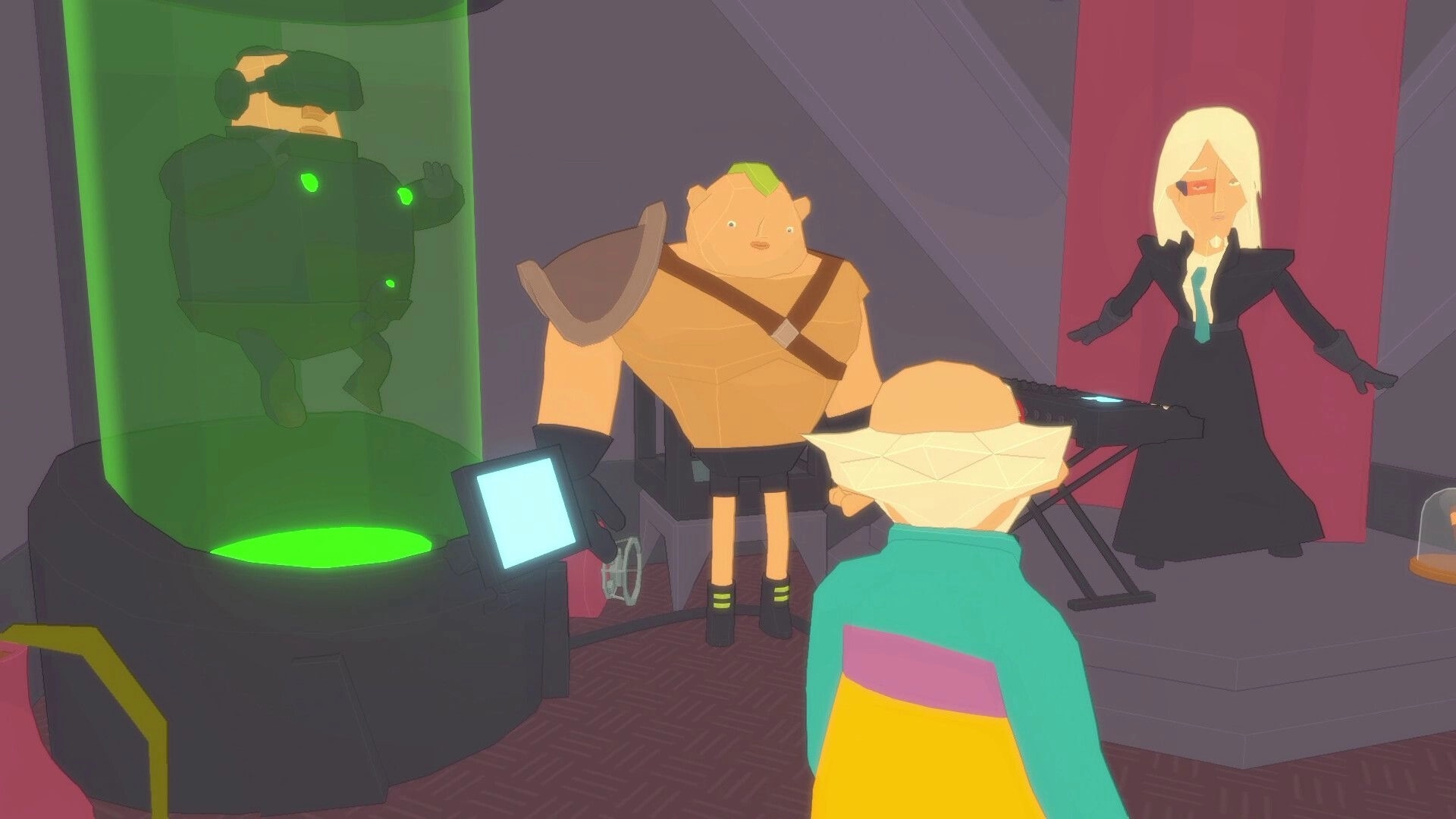 Future? No Thanks!: First-person talk with guard by green stasis pod in a sci-fi lab with scientist nearby.