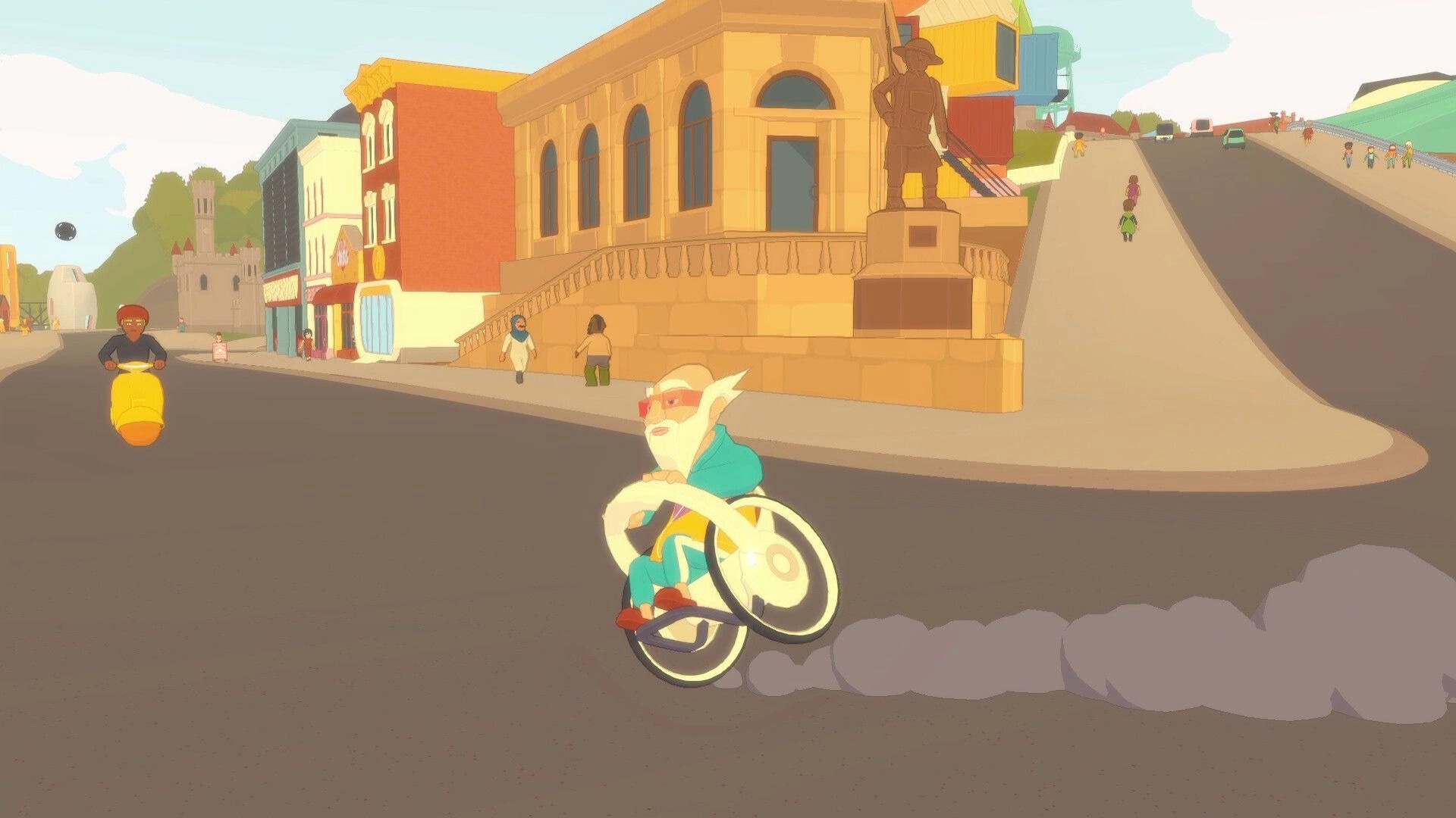 Future? No Thanks!: Elderly rider drifting a futuristic bike past a statue in a sunny city street.