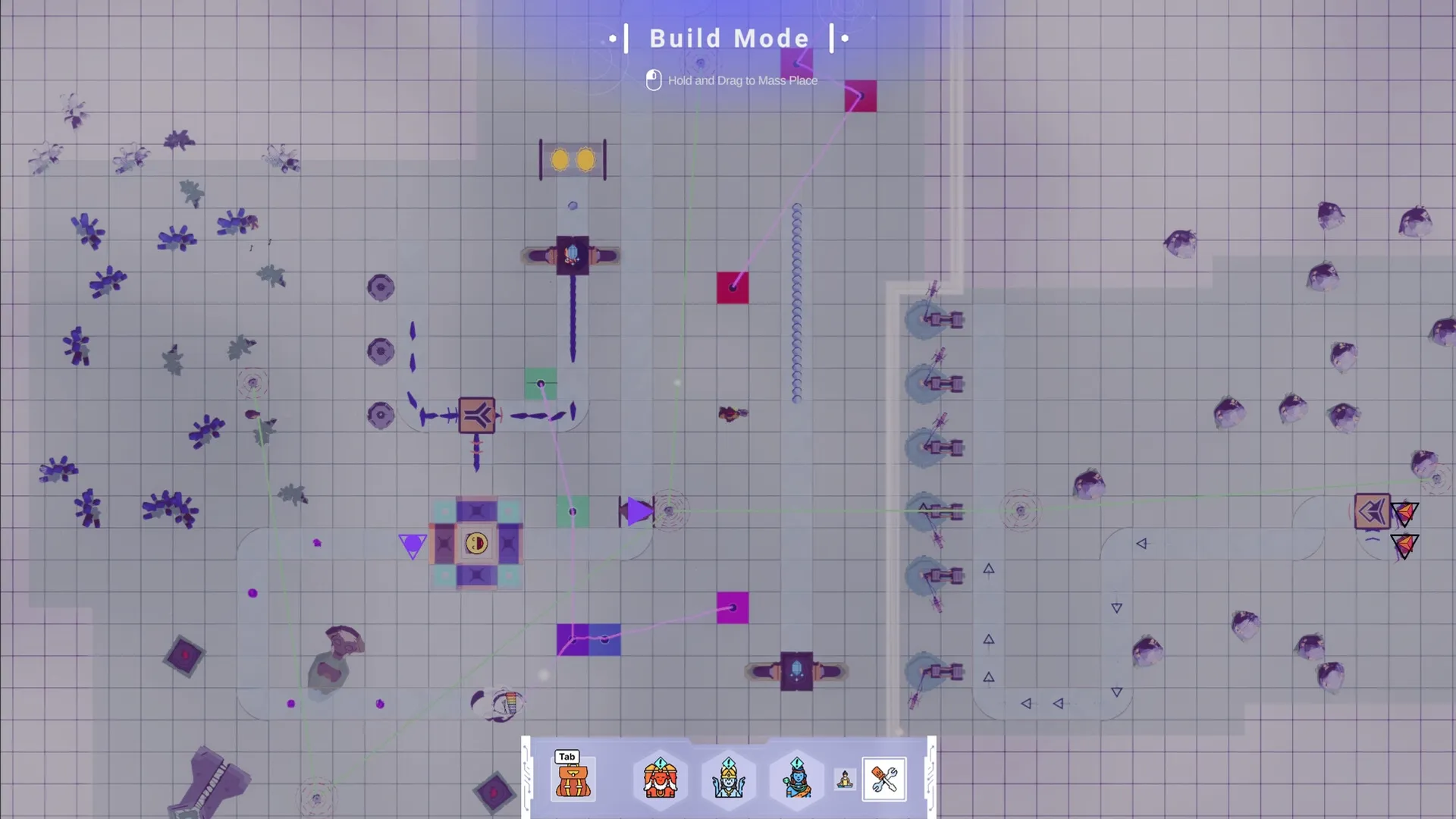 Future Vibe Check: Build mode with grid layout, interconnected machinery, and resource nodes visible