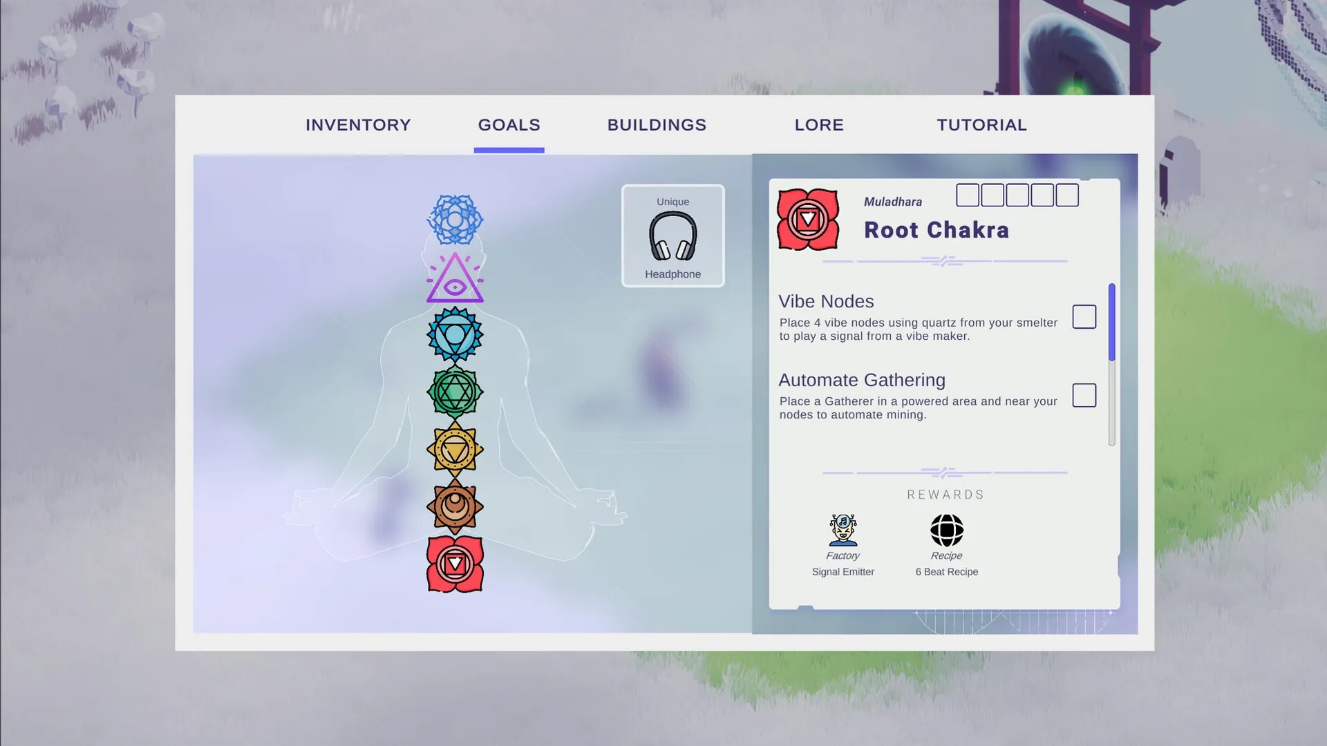 Future Vibe Check: Goals menu displaying Root Chakra tasks and rewards in serene outdoor setting