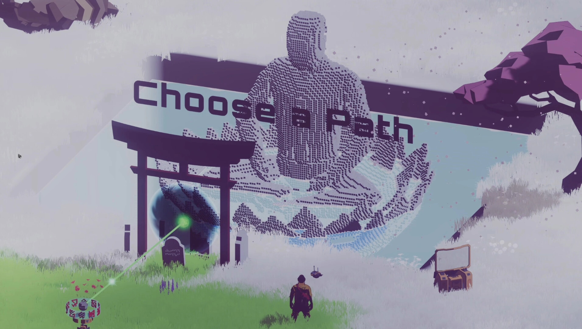 Future Vibe Check: Character stands before "Choose a Path" sign with giant digital figure in meadow