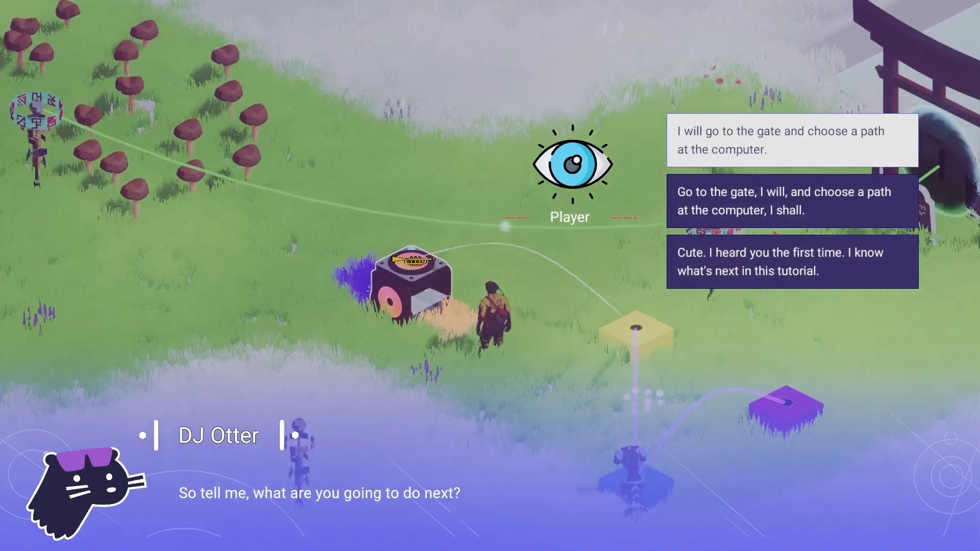 Future Vibe Check: Player navigates grassy area with dialogue options, DJ Otter provides guidance below.
