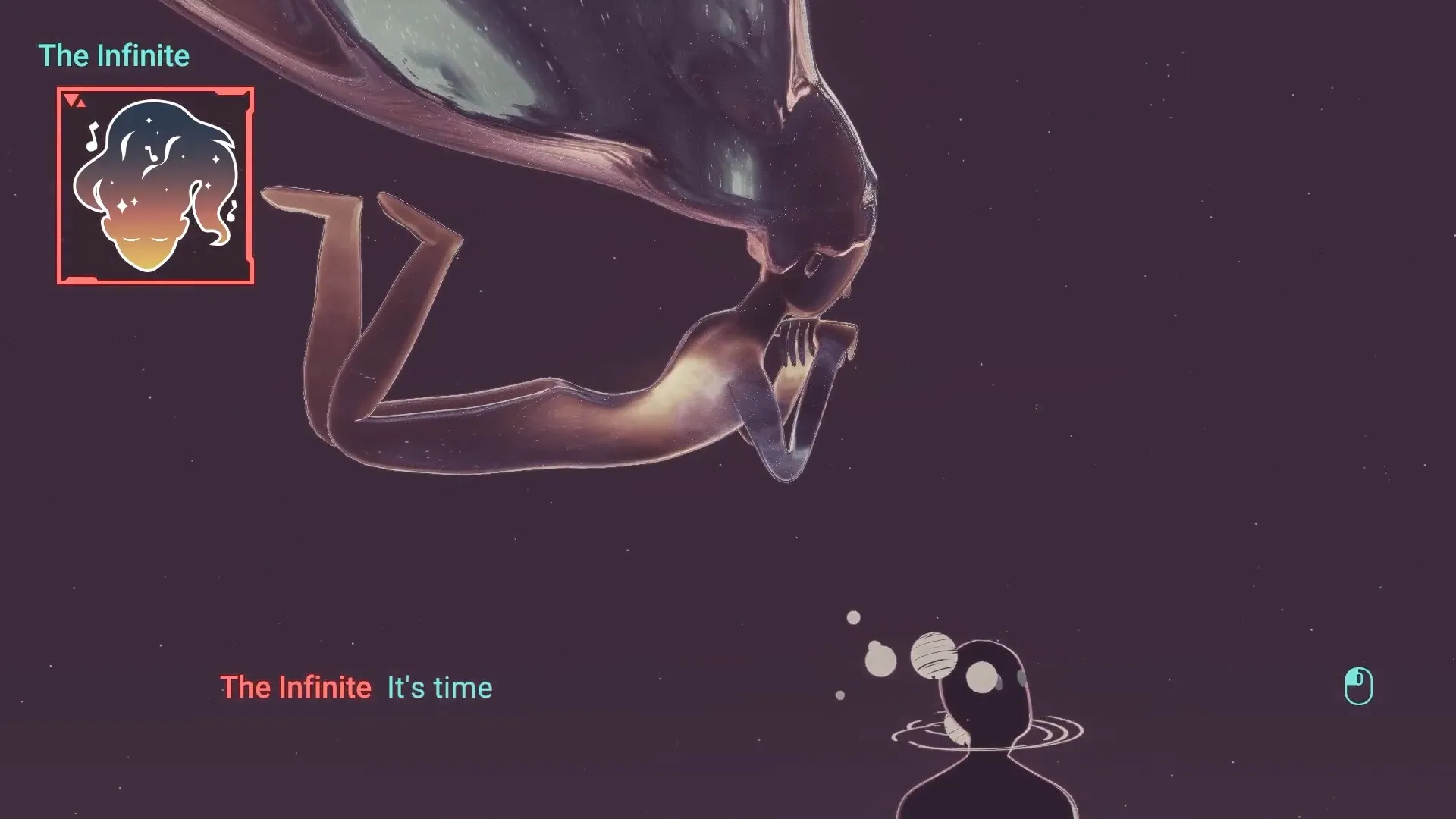 Future Vibe Check: Cosmic entity floats above silhouetted figure in a starry void environment.