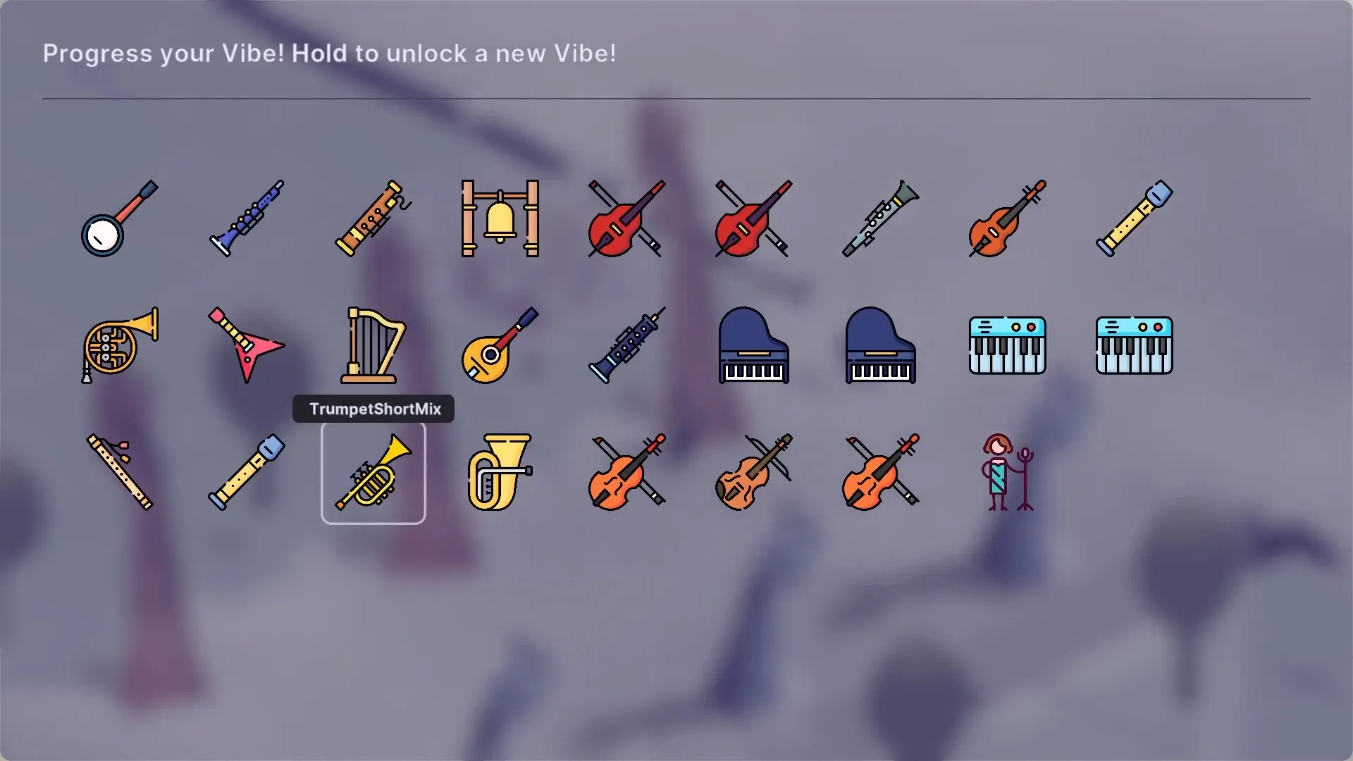 Future Vibe Check: Instrument selection screen featuring various musical icons and a trumpet highlighted.