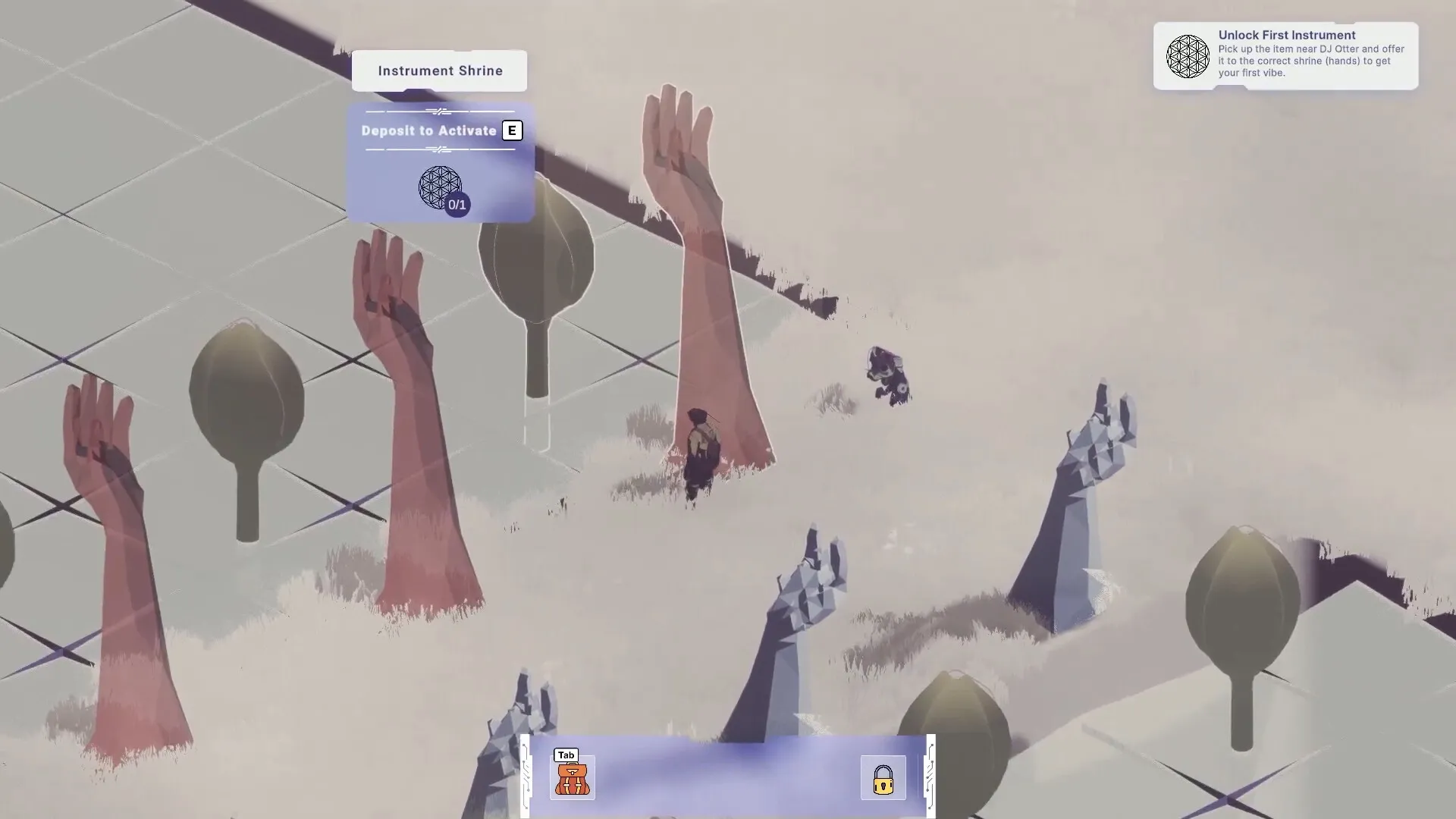 Future Vibe Check: Character near instrument shrine with hands, UI prompts for activation in misty area.