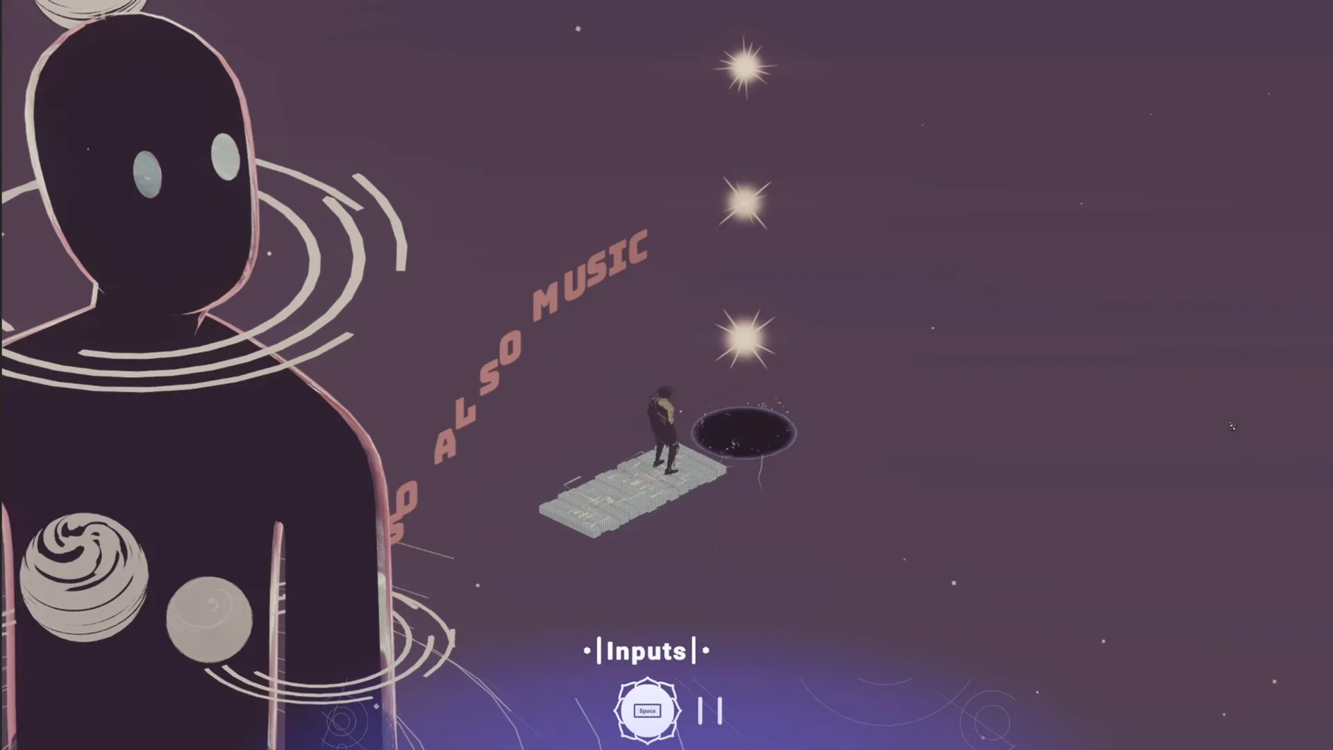 Future Vibe Check: Character stands on floating platform with cosmic backdrop and UI showing inputs