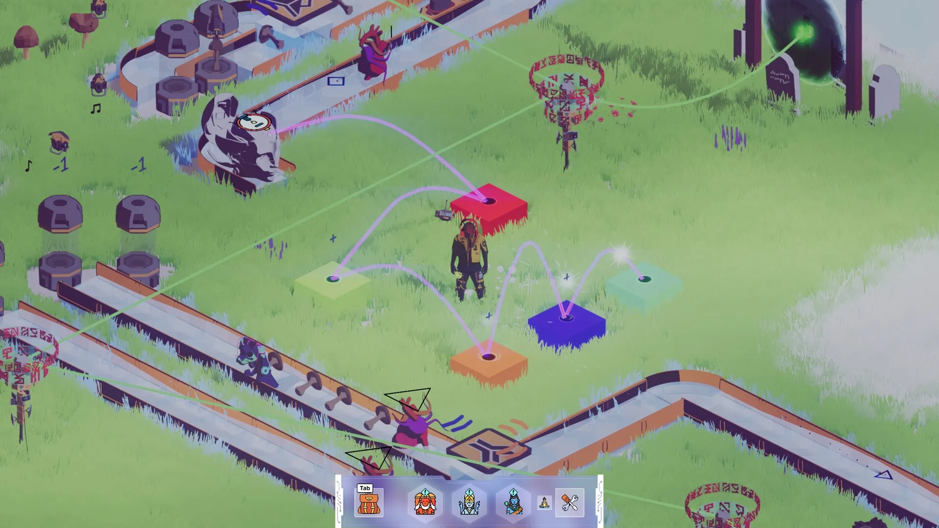 Future Vibe Check: Character manages colorful music nodes in grassy factory setting with UI icons visible.