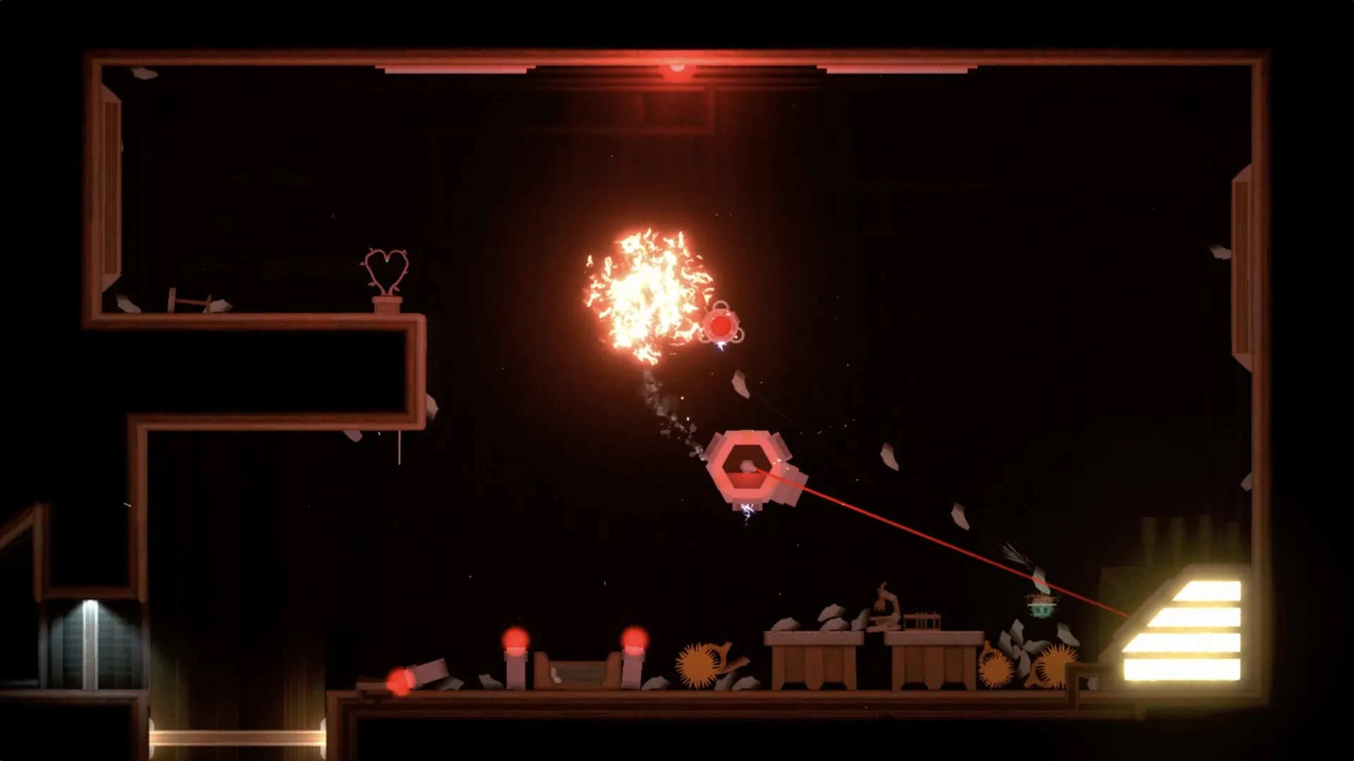FUZZ: Aerial combat with explosions and laser beams in a dark, industrial environment with machinery.
