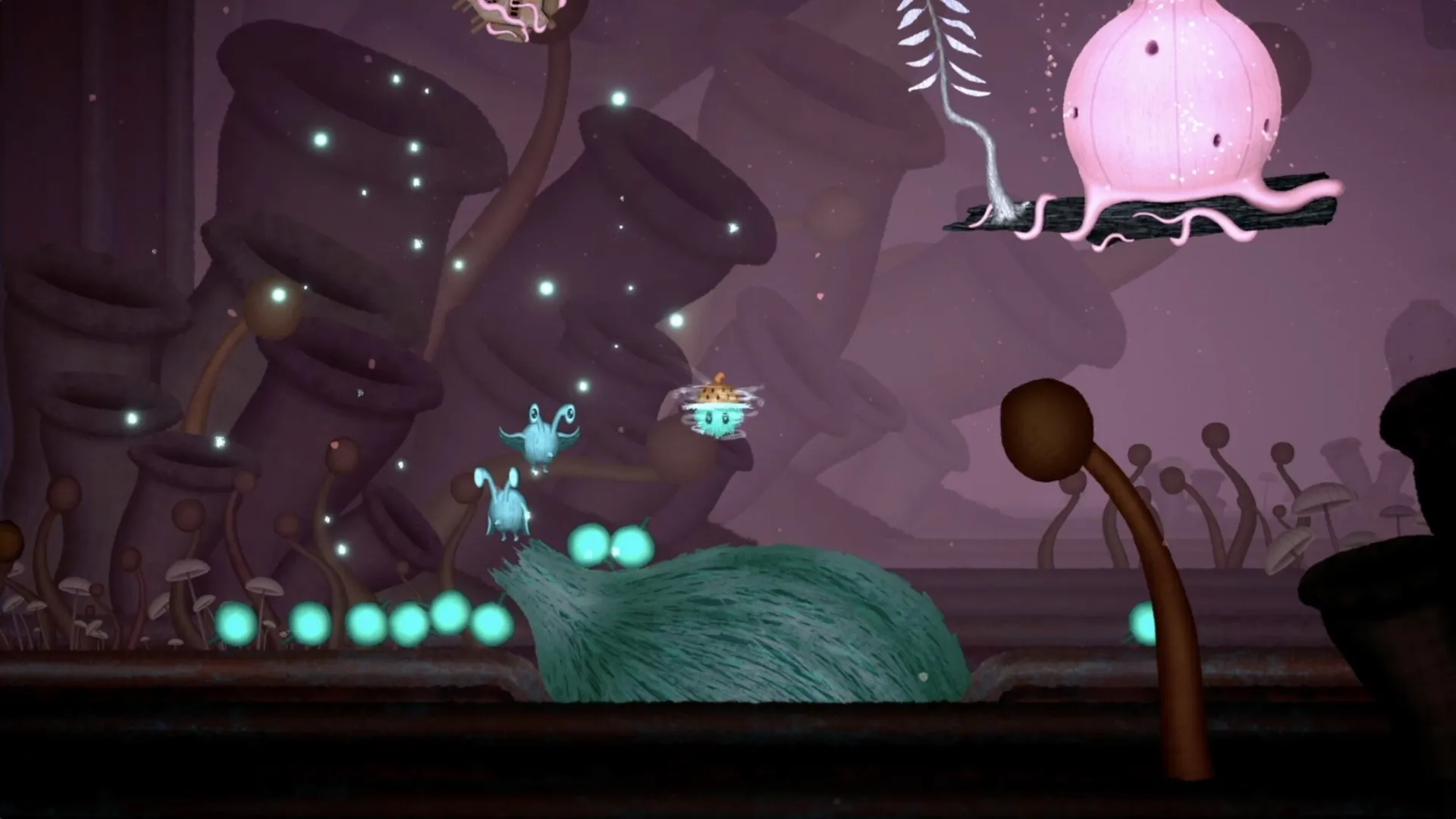 FUZZ: Aerial creature hovers in whimsical forest with glowing orbs and towering mushroom structures