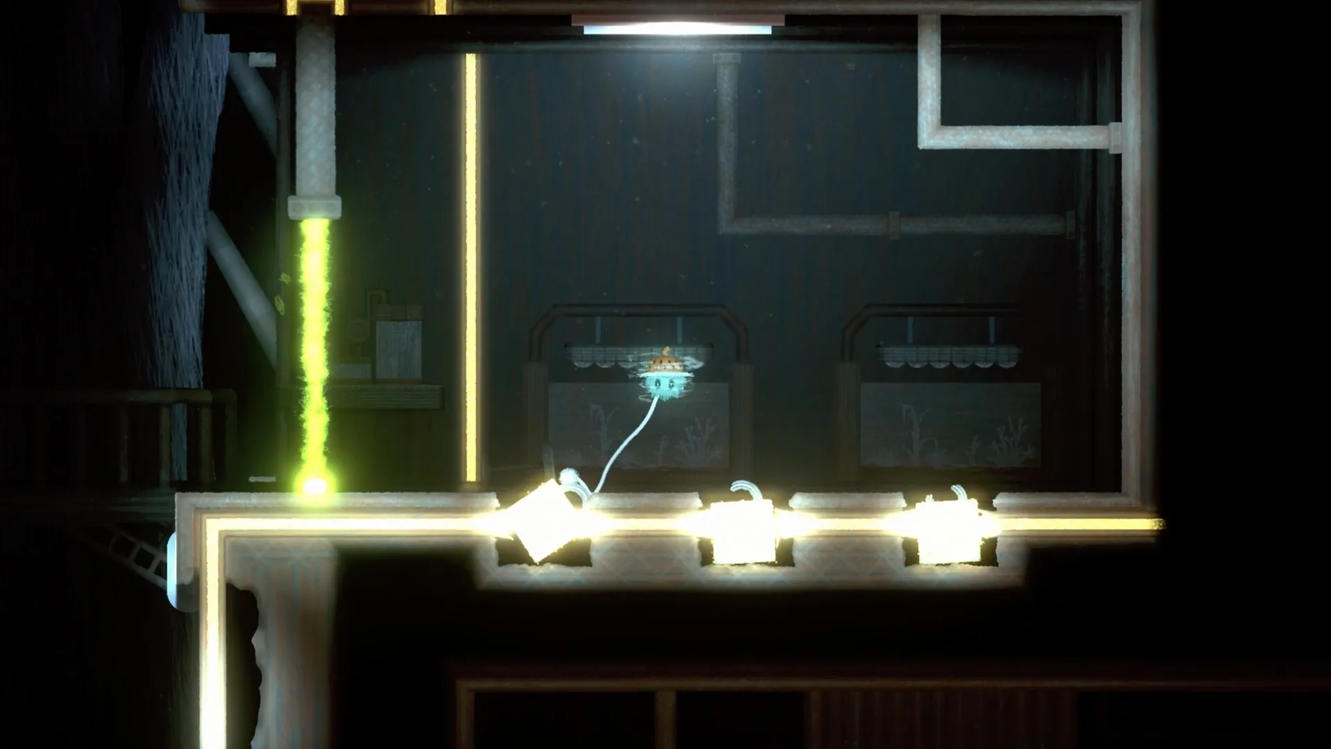 FUZZ: Floating robot navigates industrial corridor with bright green energy beam blocking the path