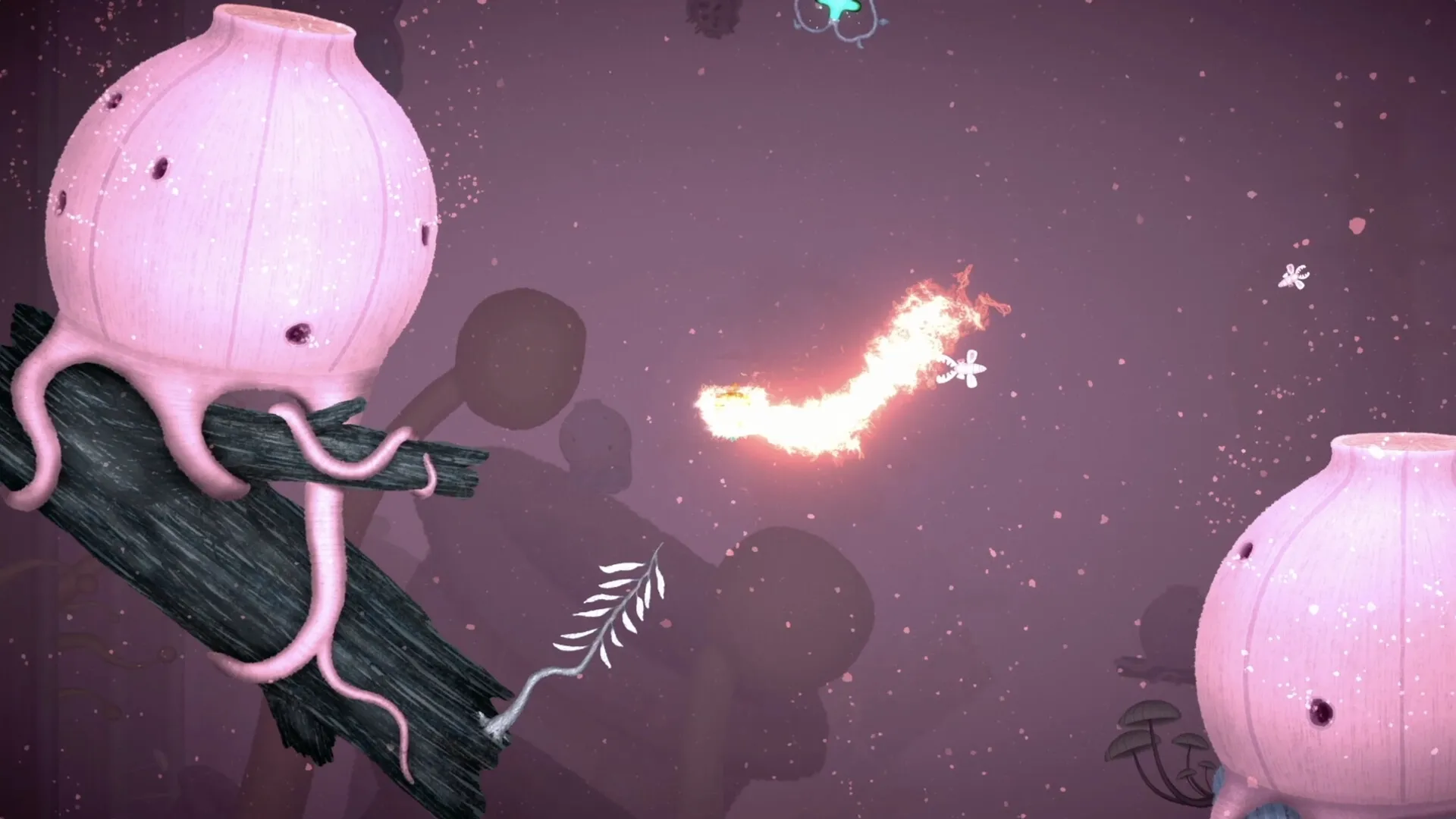 FUZZ: Glowing creature flying near pink structures in a whimsical, tech-infused landscape.