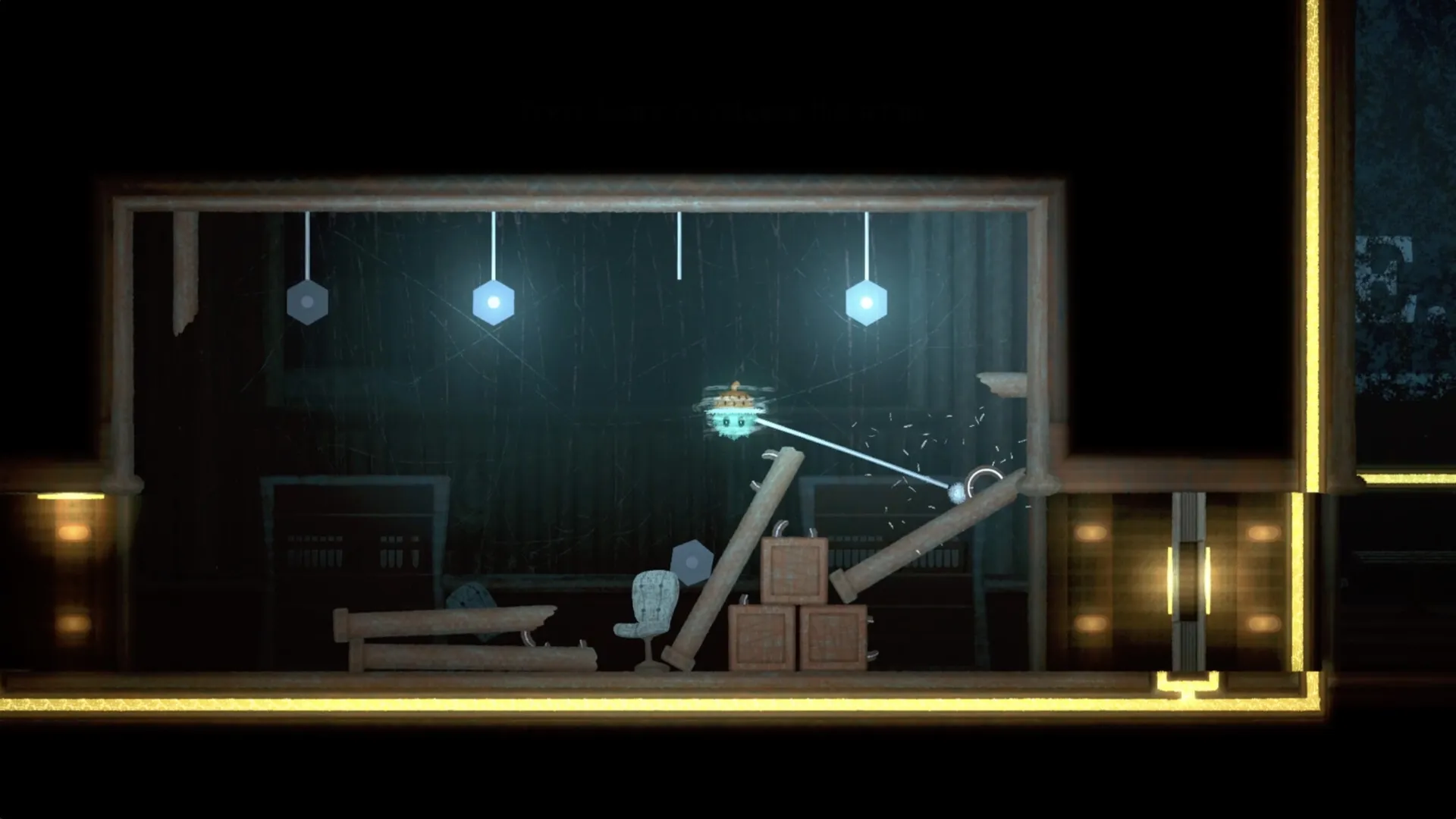 FUZZ: Hovering drone manipulates objects in dimly lit room with scattered debris and glowing lights