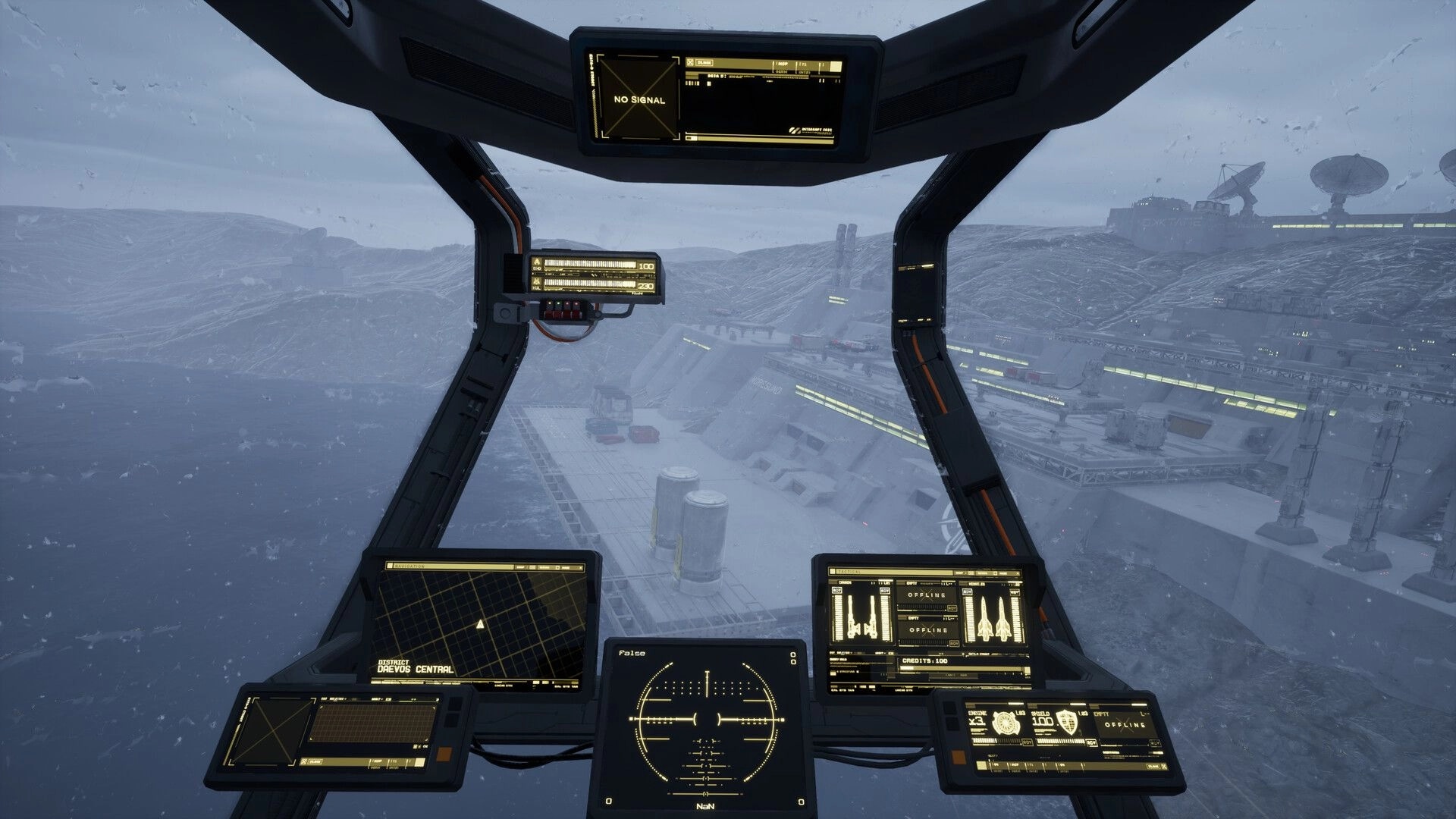G-Rebels: Cockpit view with multiple control panels overlooking a snowy, industrial complex scene
