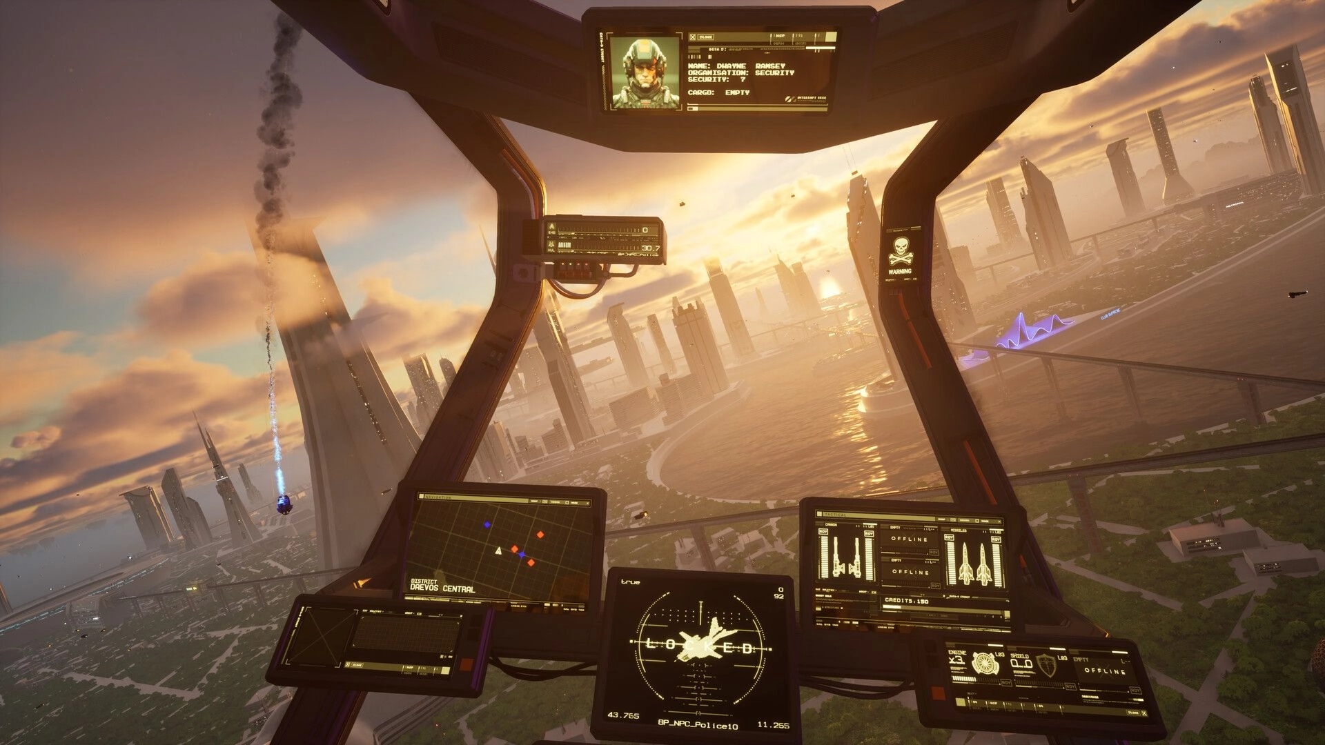 G-Rebels: Cockpit view with UI displays and city skyline, missile smoke trail visible in dystopian setting