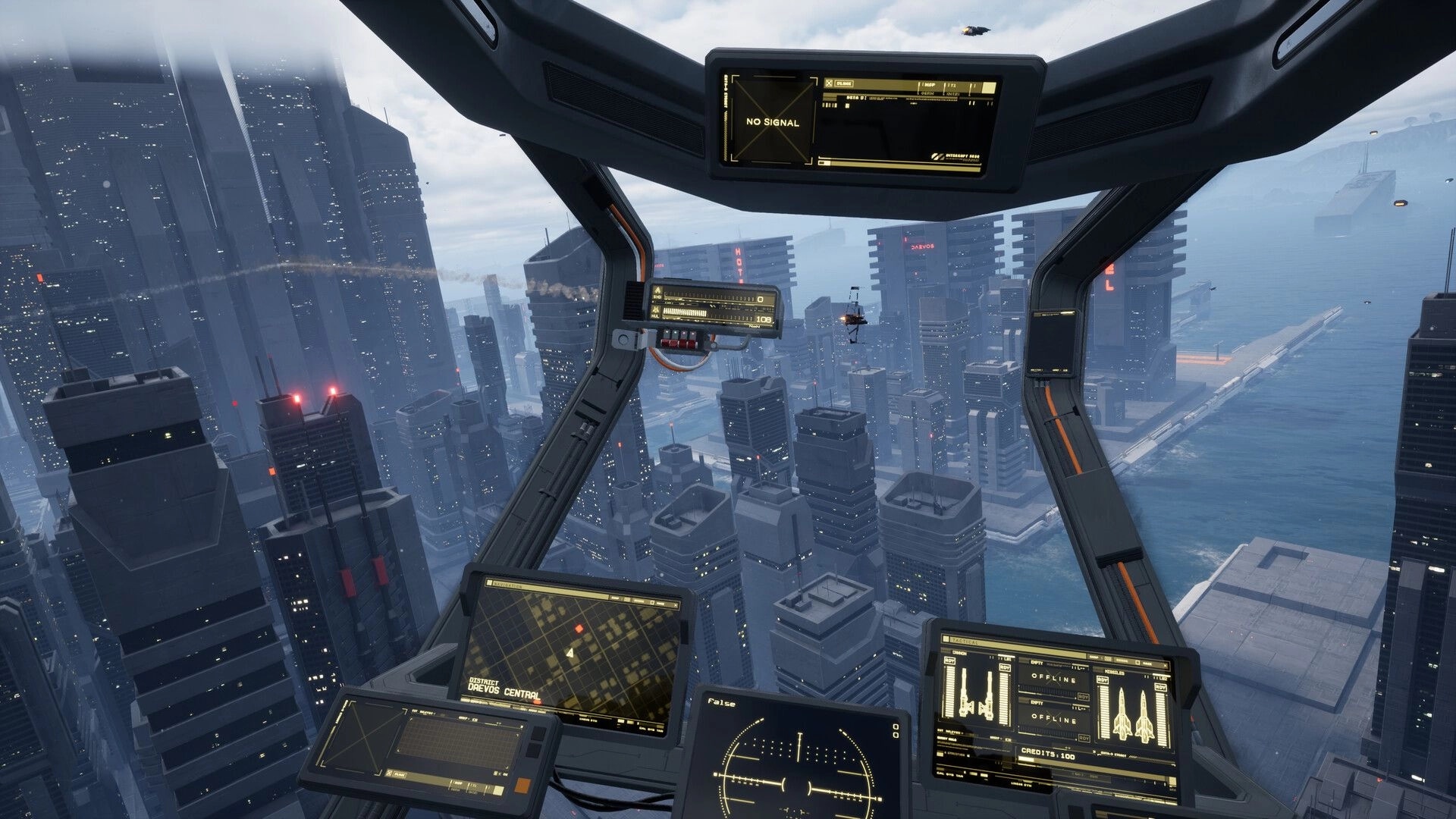 G-Rebels: Cockpit view overlooking futuristic cityscape with multiple digital screens displaying data