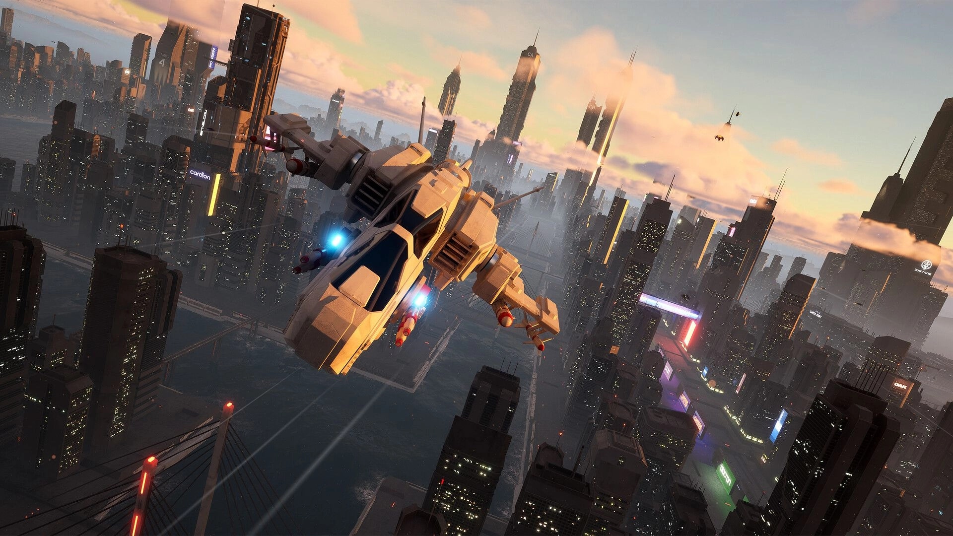G-Rebels: Advanced fighter jet soaring over a futuristic cityscape with towering skyscrapers and bridges.