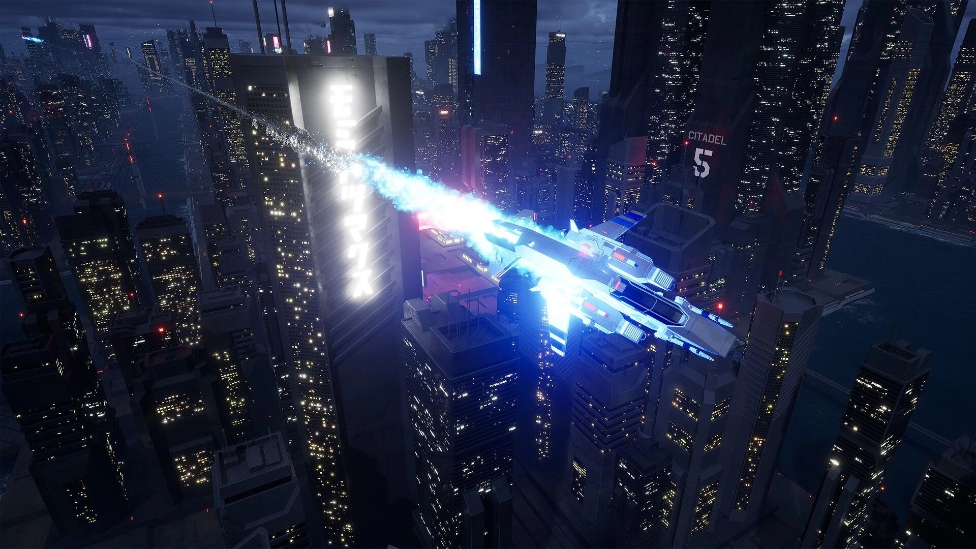 G-Rebels: Fighter jet soaring through illuminated skyscrapers in a futuristic cityscape at night