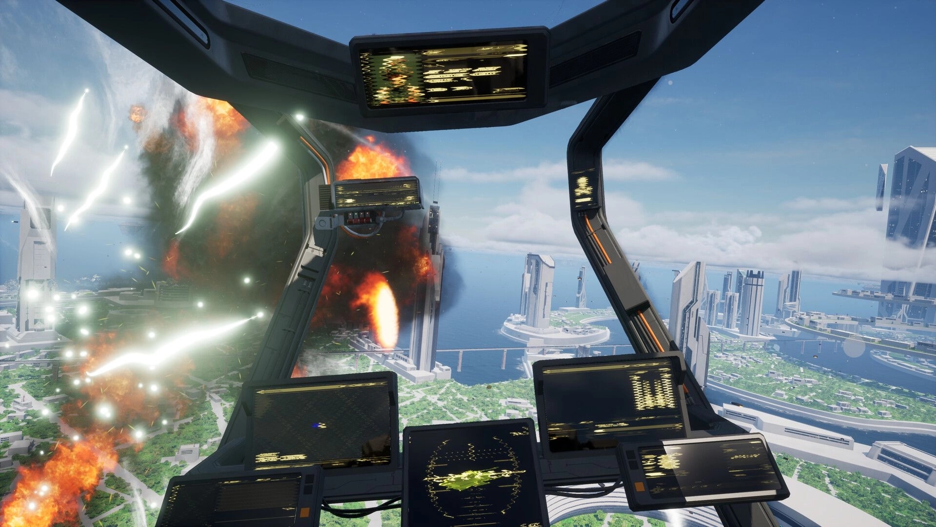 G-Rebels: Cockpit view with digital screens showing a cityscape under attack with explosions