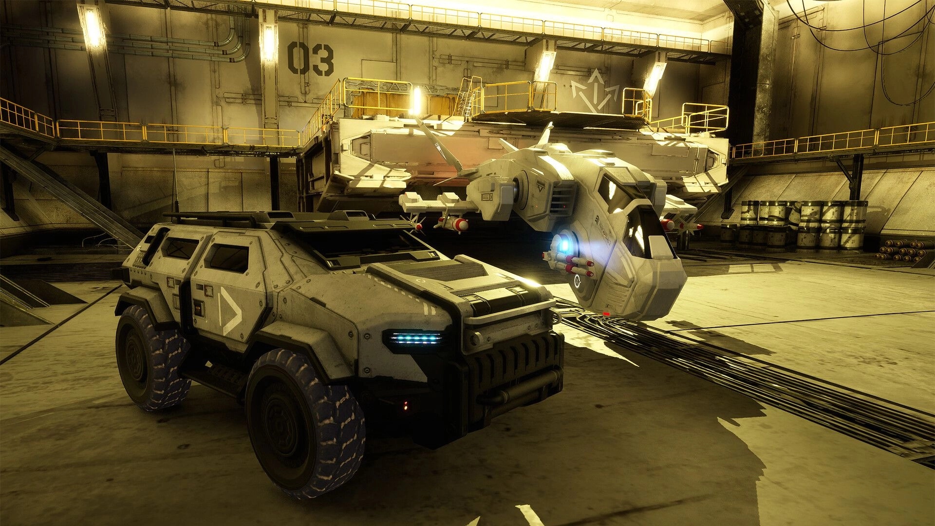 G-Rebels: Armored vehicle and futuristic aircraft in a dimly lit industrial hangar environment