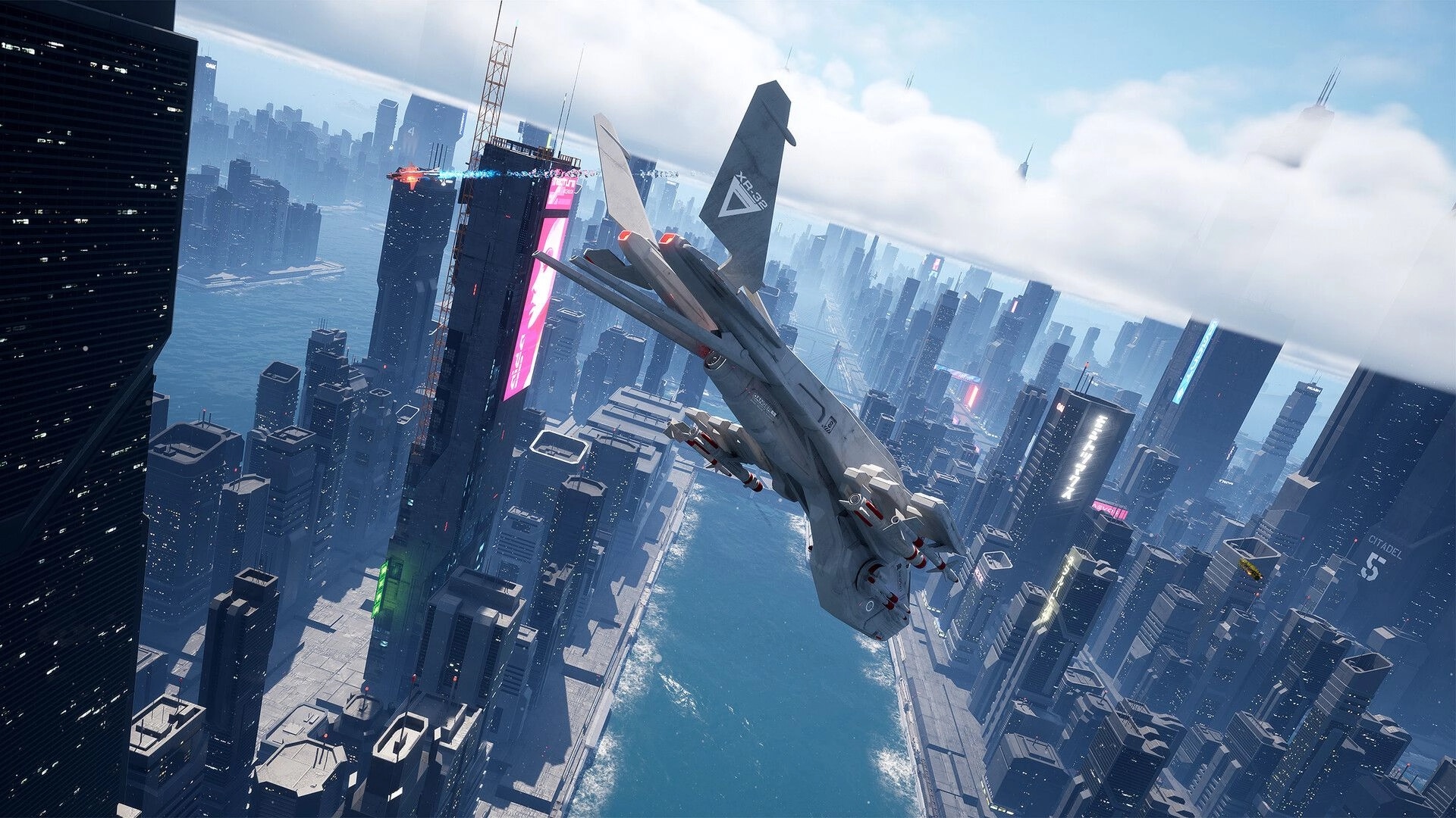 G-Rebels: Fighter jet soaring through a futuristic city skyline with skyscrapers and digital billboards