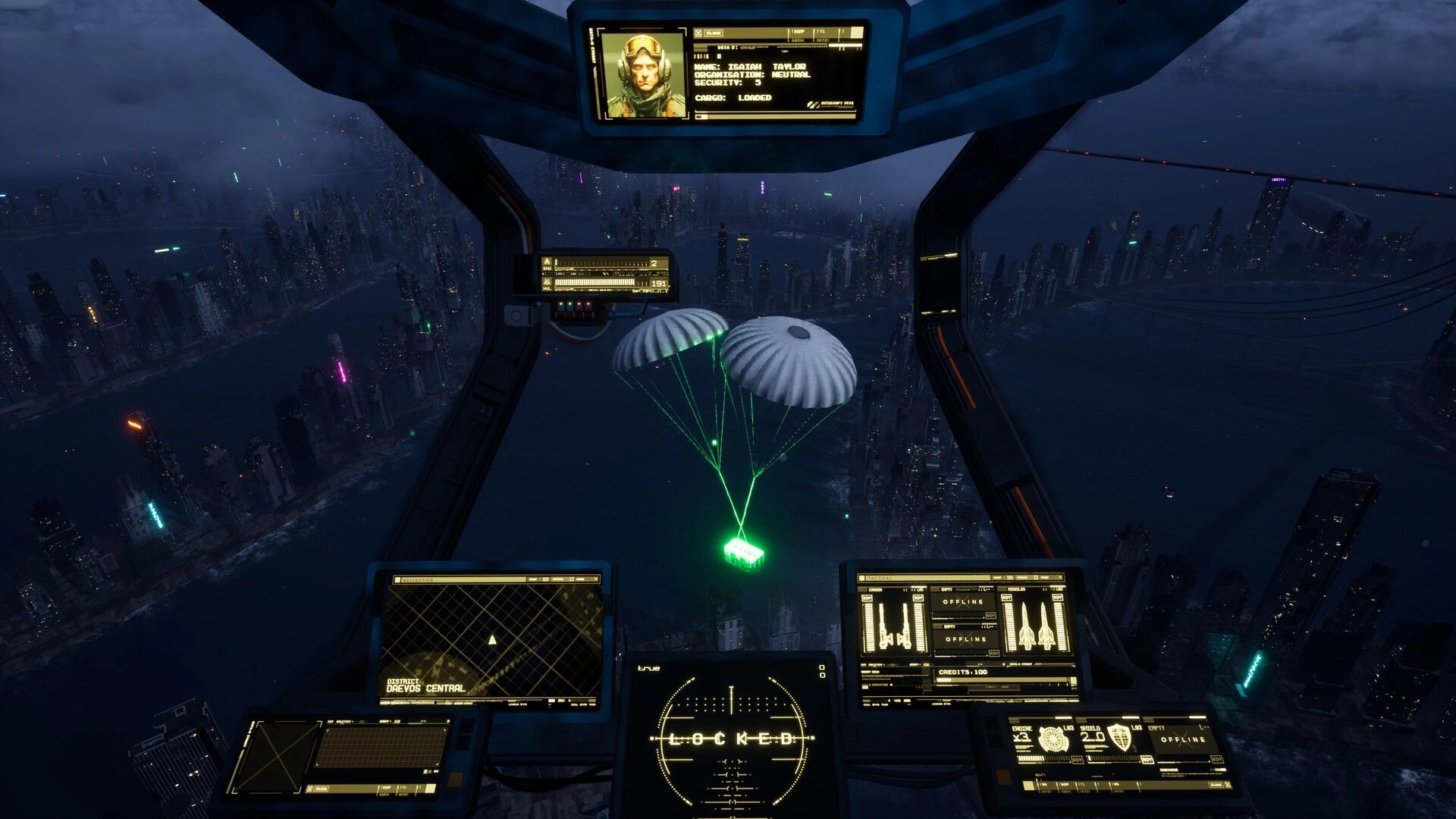 G-Rebels: Cockpit view with parachuting cargo above a neon-lit dystopian cityscape at night.