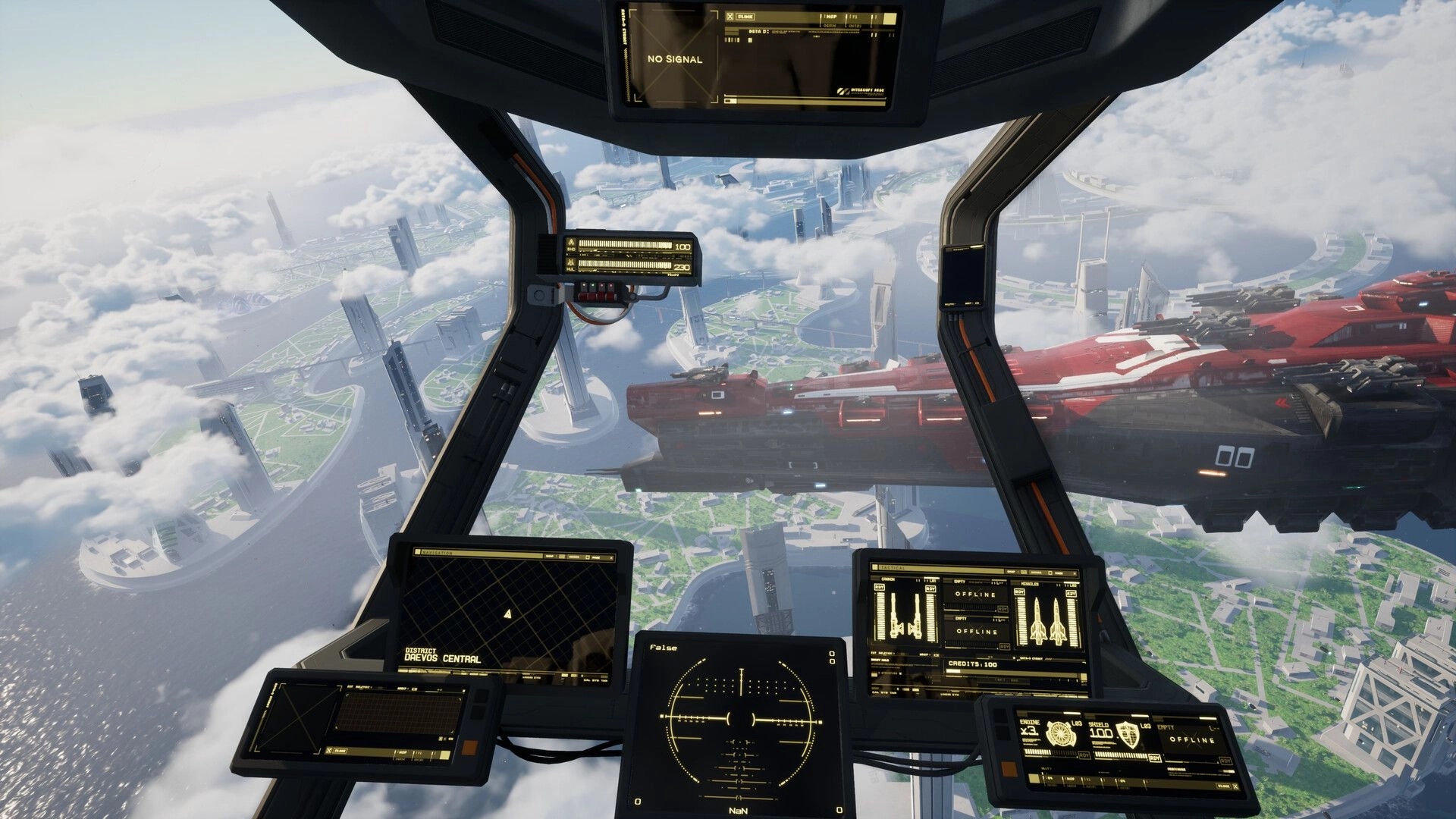 G-Rebels: Cockpit view of advanced fighter jet in futuristic city skyline with digital HUD displays