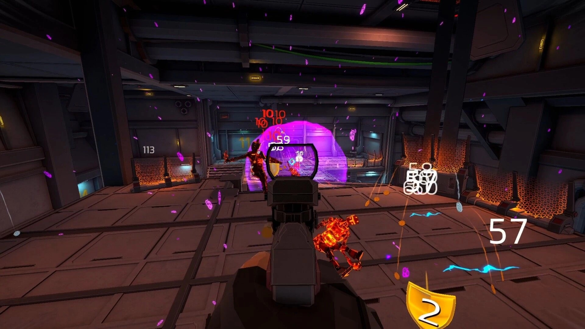 Galactic Vault: First-person combat with enemies and damage indicators in a high-tech vault setting