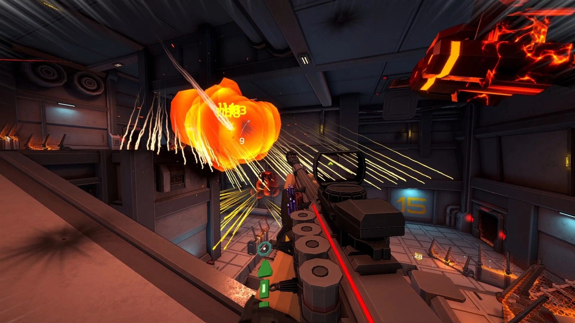 Galactic Vault: First-person view firing at enemies inside a futuristic vault with explosions and UI elements.