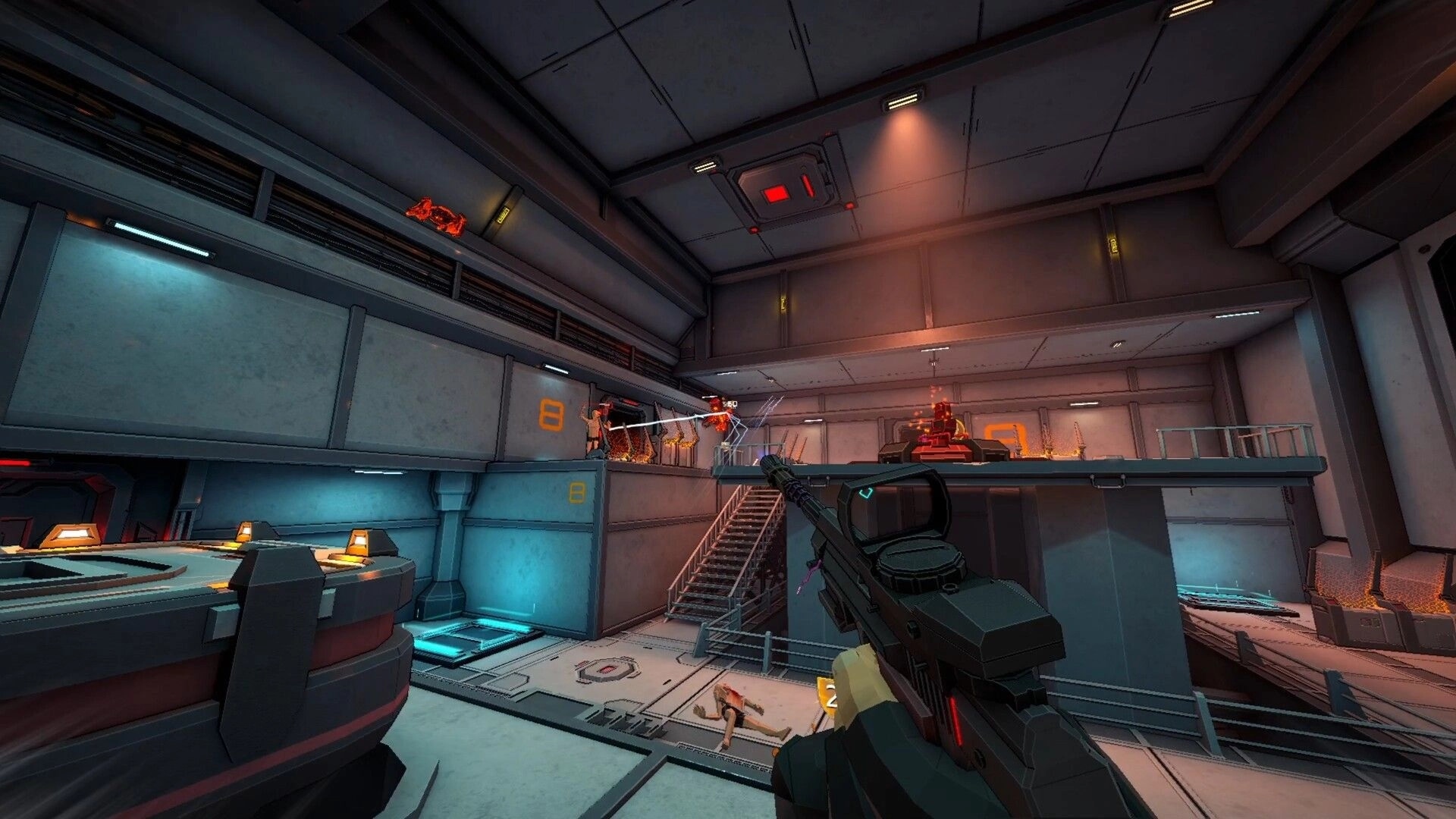 Galactic Vault: Player aiming at enemies in futuristic vault with neon lights and industrial design