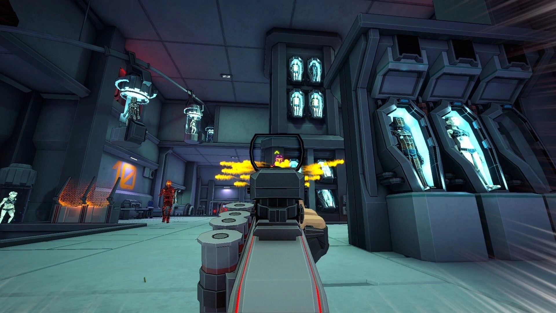 Galactic Vault: First-person view aiming in high-tech lab with suspended androids in glass pods