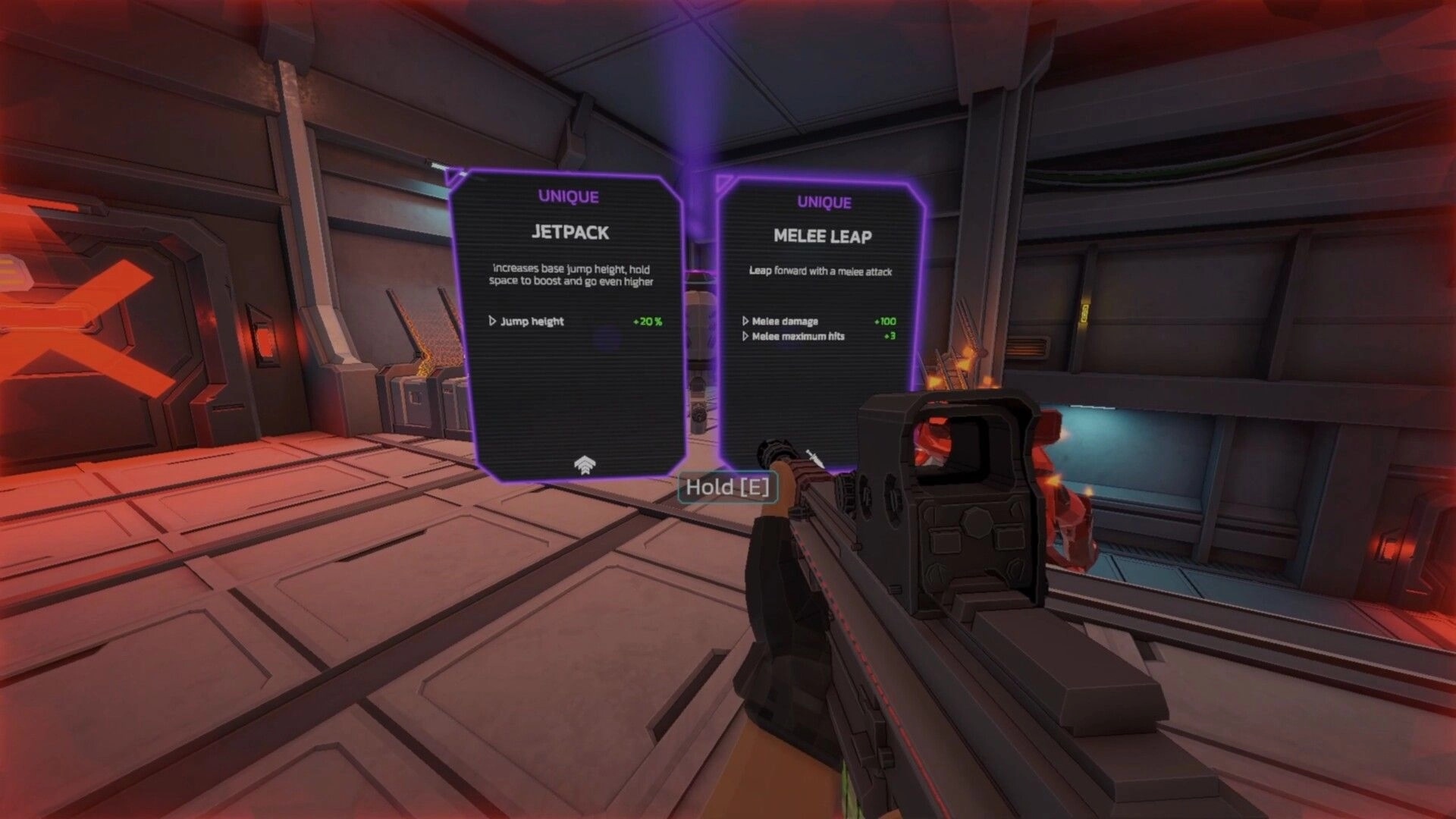 Galactic Vault: Weapon selection screen in a futuristic vault corridor with upgrade options visible