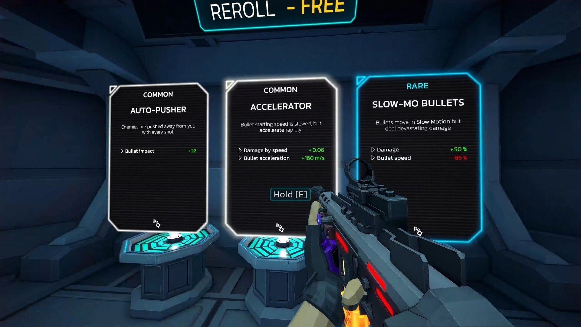 Galactic Vault: Player choosing weapon upgrades in futuristic armory with options for bullet enhancements