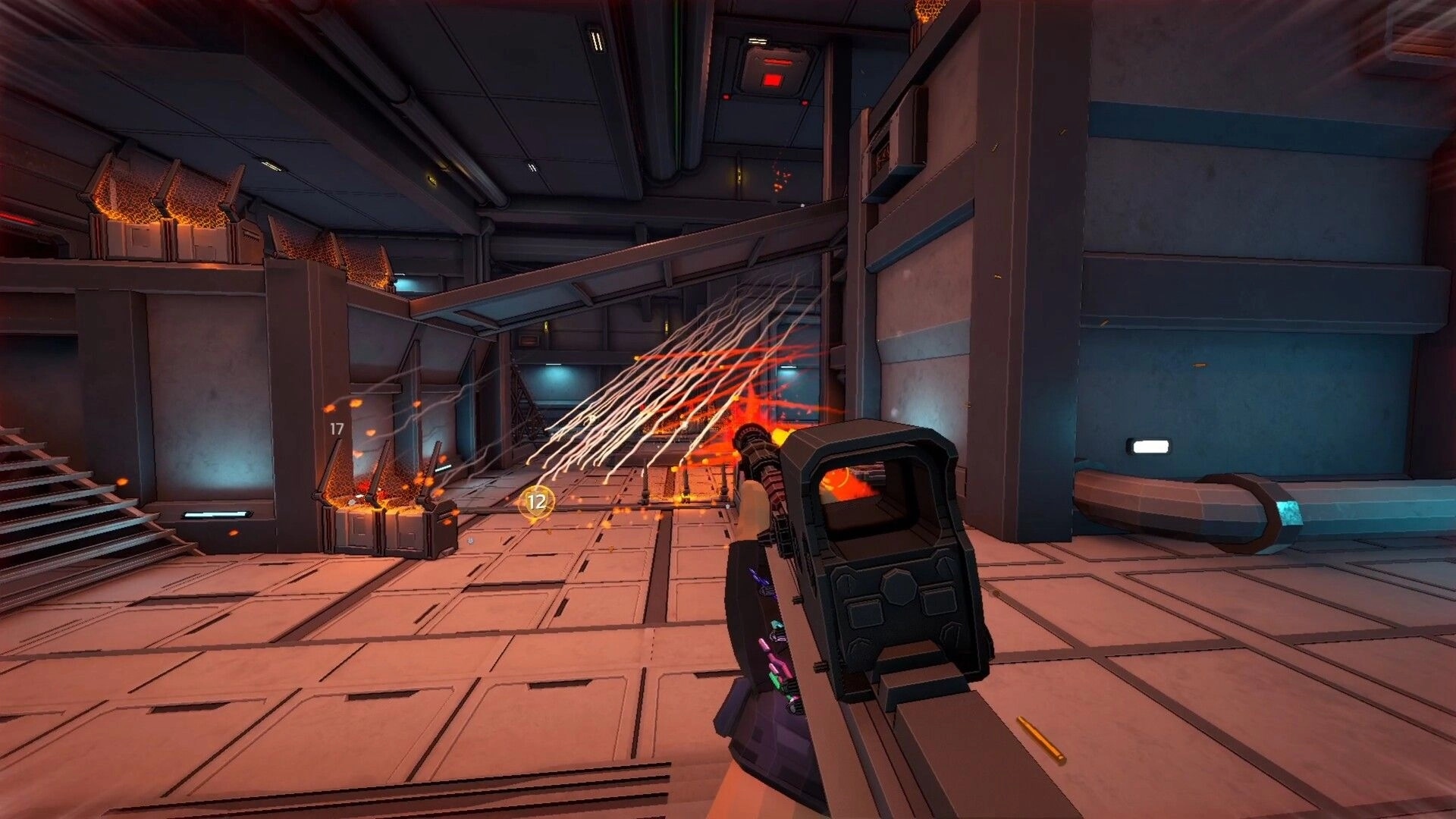Galactic Vault: Player fires weapon in industrial vault with burning crates and digital interface elements