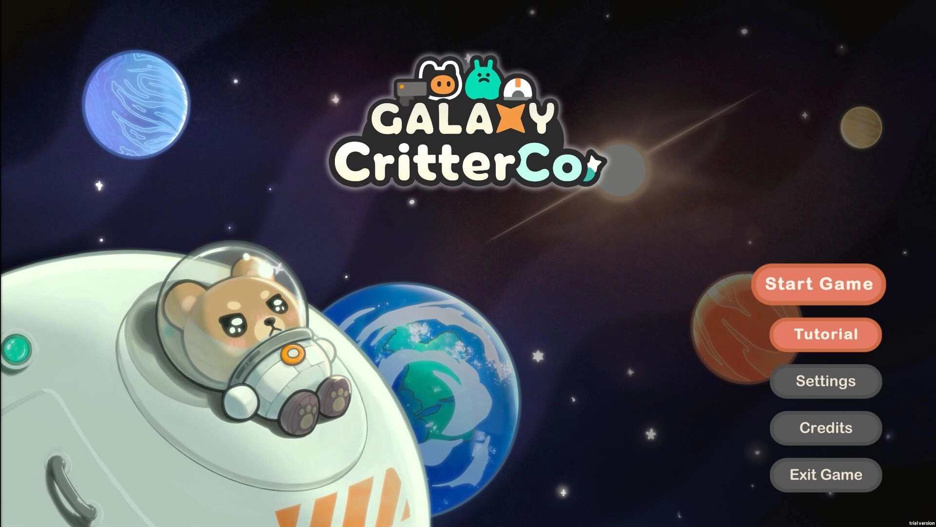 Galaxy Critter Co.: Cubby in a spaceship near planets with main menu options on the right side