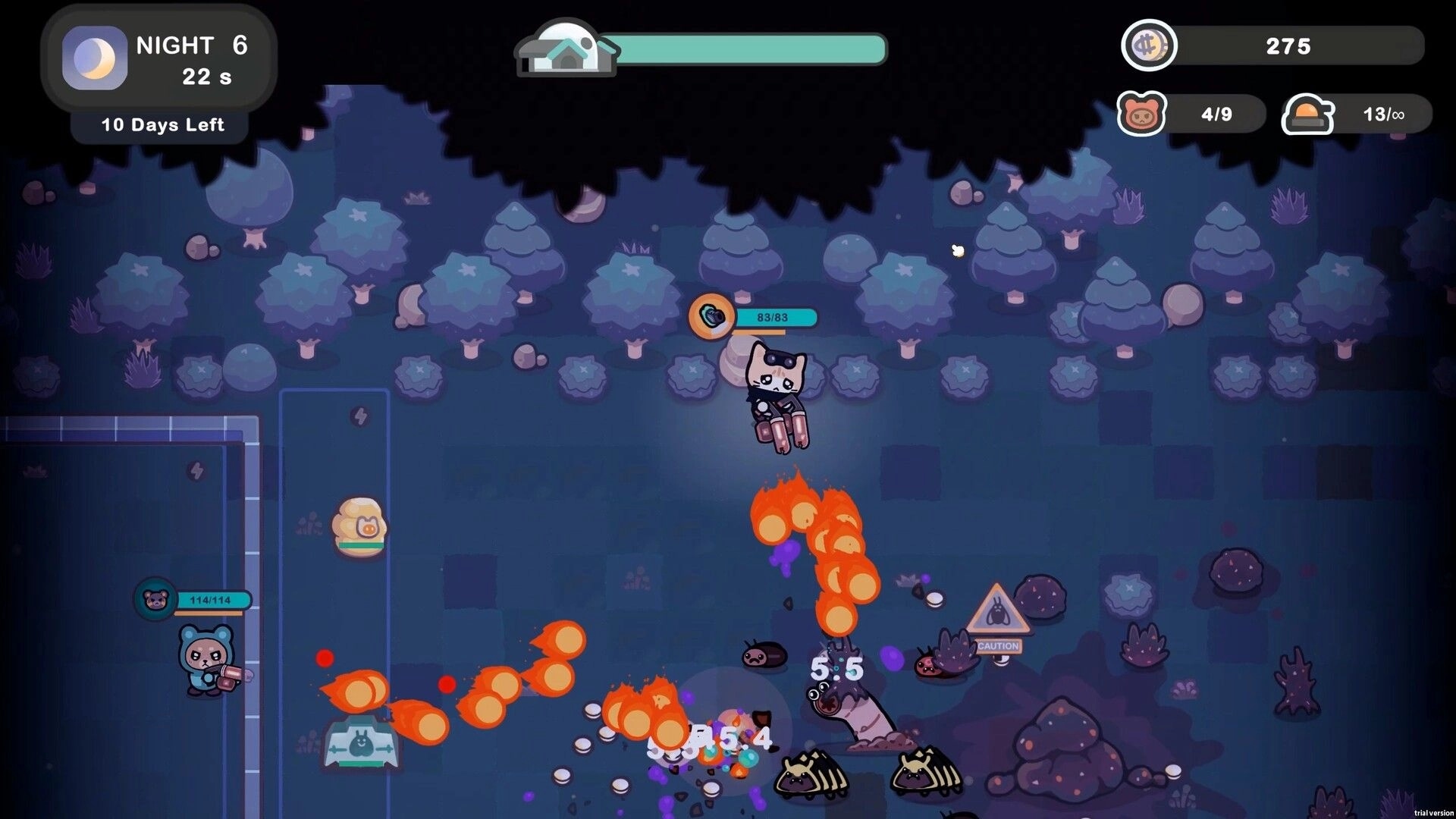 Galaxy Critter Co.: Cubby fights Space Swarm in a forest with health bars and night timer visible