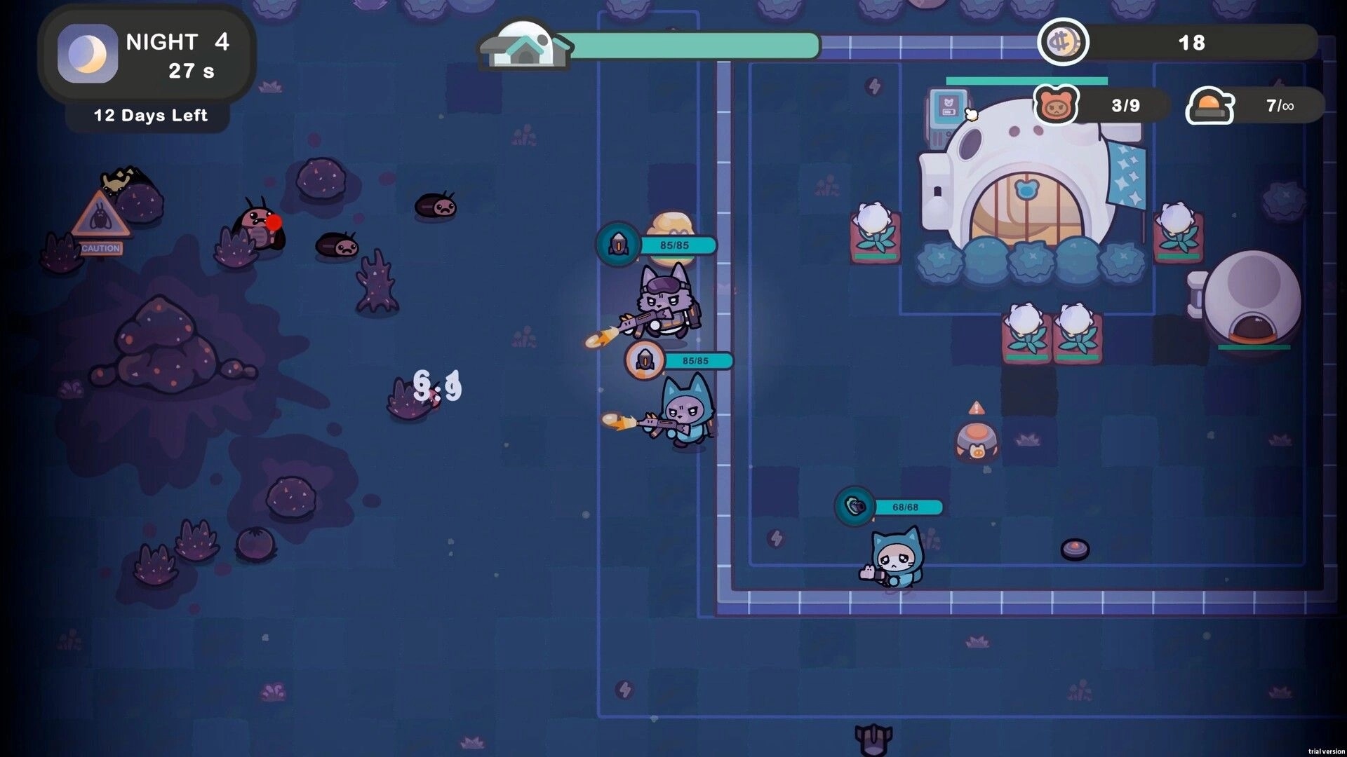 Galaxy Critter Co.: Cubby and operatives defending critters’ home from swarm at night with UI overlay.