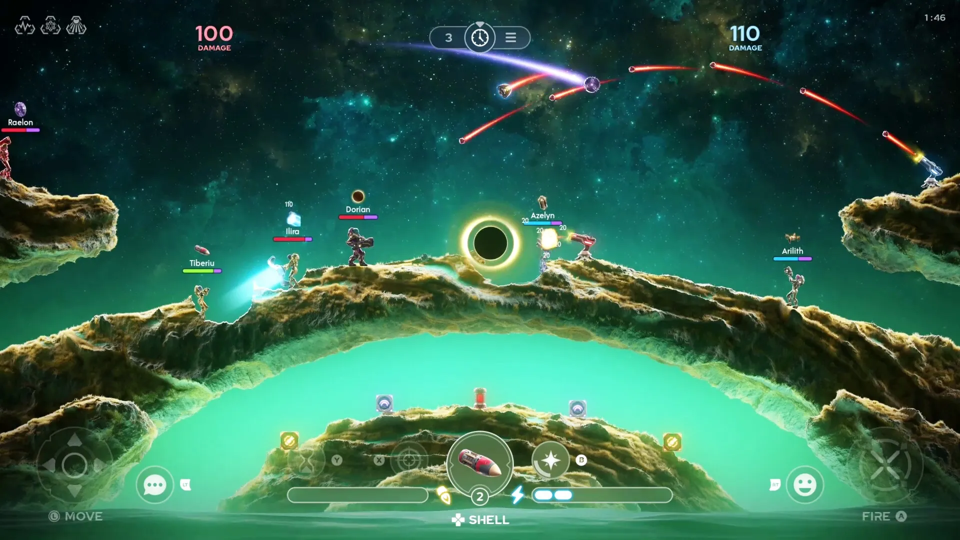 Galaxy Tactics: Battle scene with characters Raelon, Ilira, and Dorian on a rocky space terrain