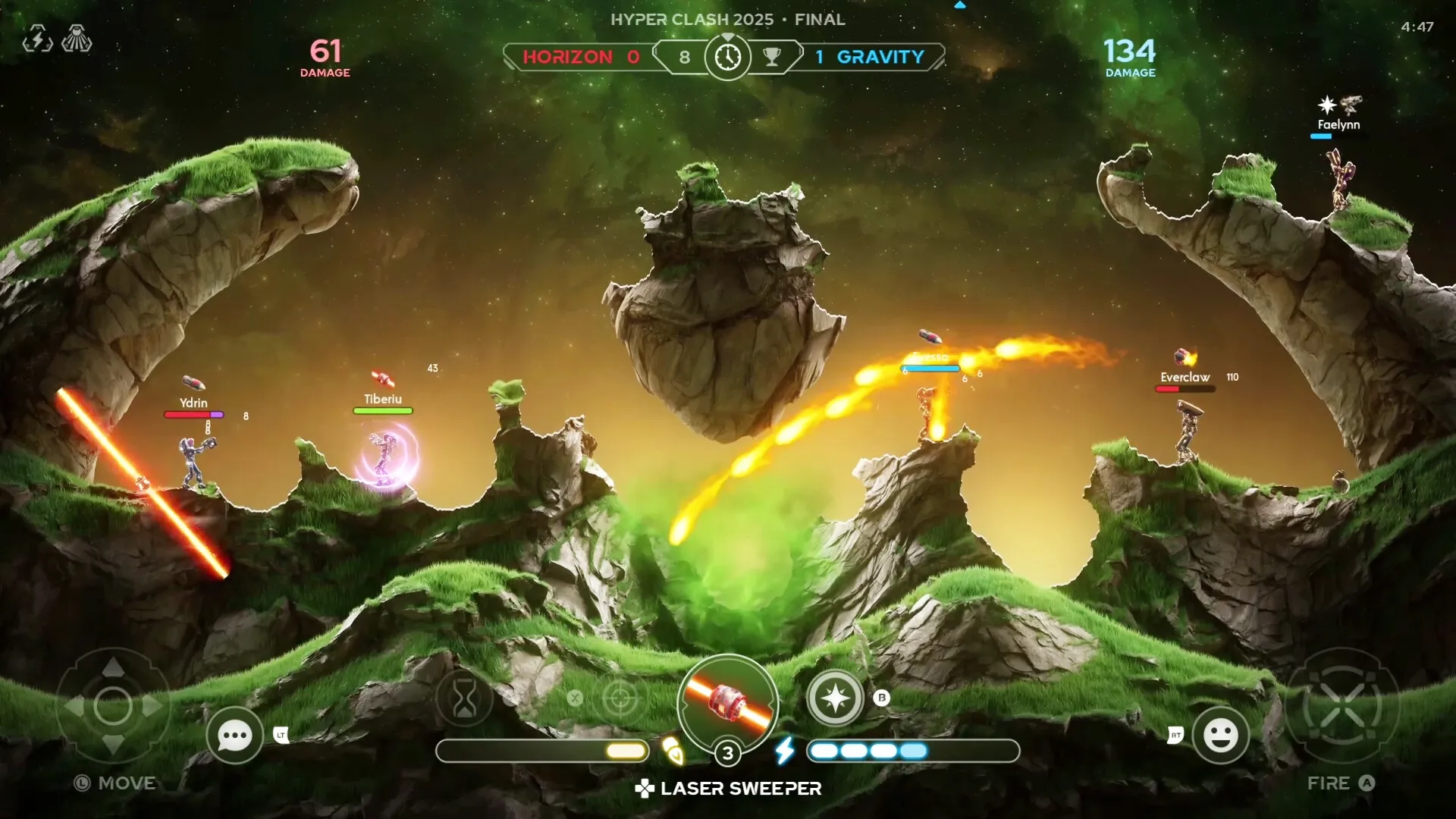 Galaxy Tactics: Characters Ydrin and Tiberiu engage in combat on floating rocky terrain with laser weapons.