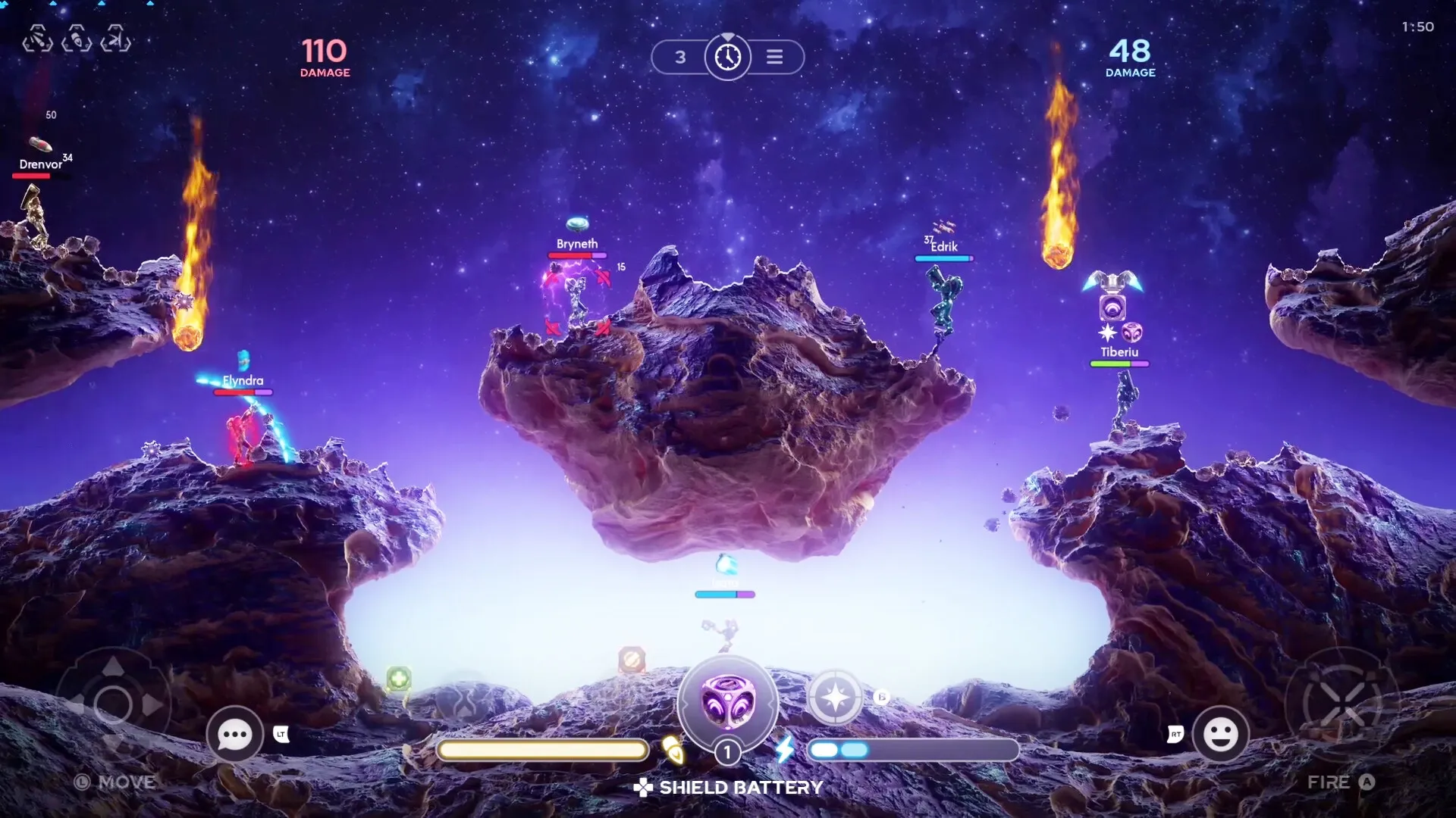 Galaxy Tactics: Combat scene with characters Drenvor, Elyntra, and Bryneth on floating rocky platforms.