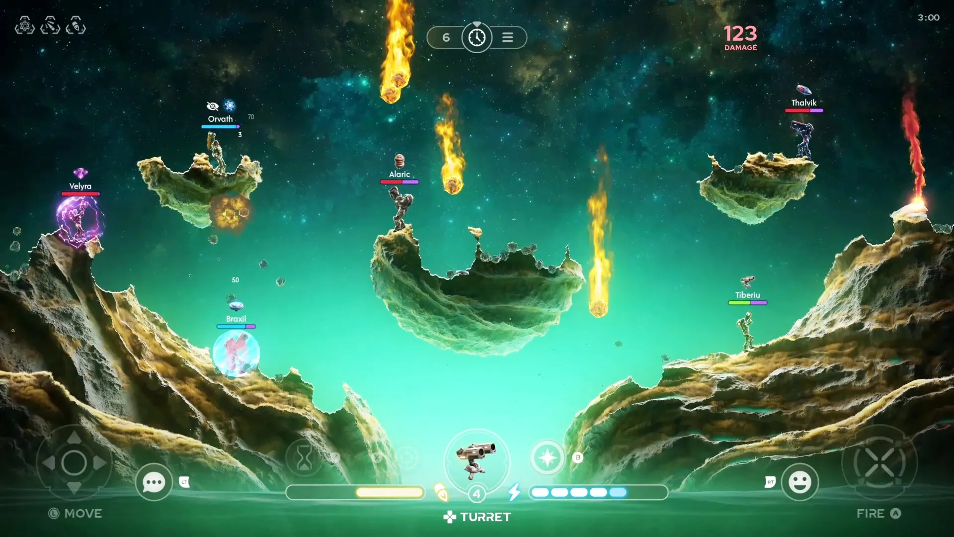 Galaxy Tactics: Characters battle on floating islands with fiery meteors falling from the cosmic sky.