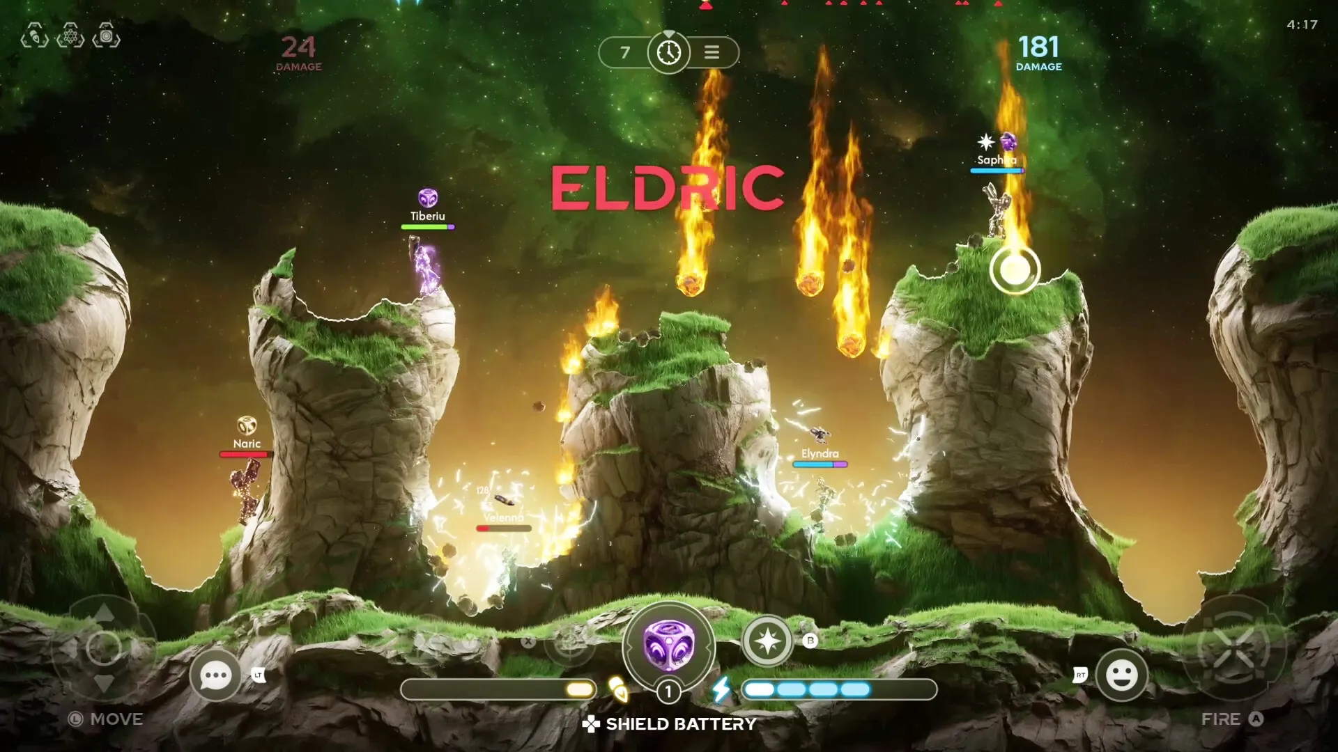 Galaxy Tactics: Eldric's meteor strike on rocky terrain with characters Tiberiu and Naric in battle