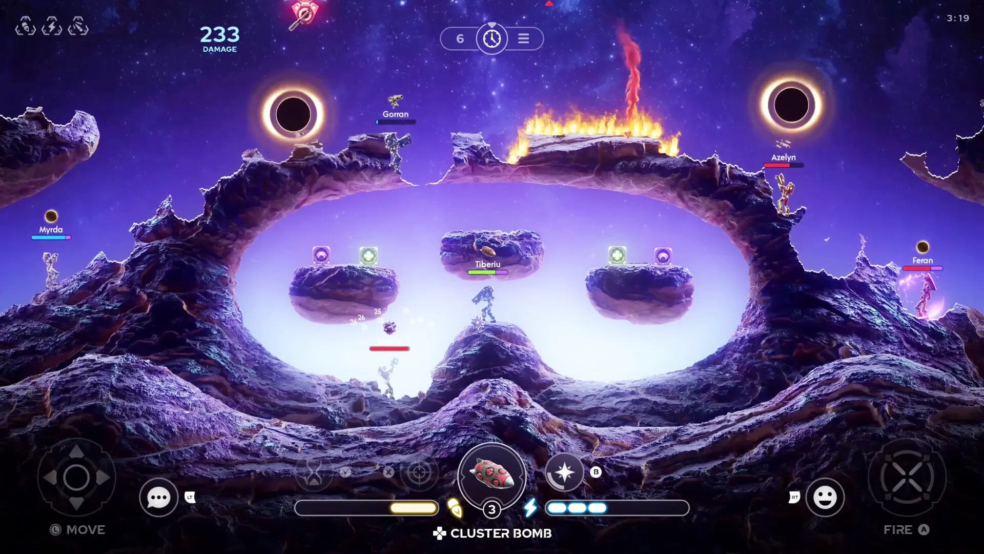 Galaxy Tactics: Characters engage in combat on a rocky alien landscape with floating platforms and UI icons.