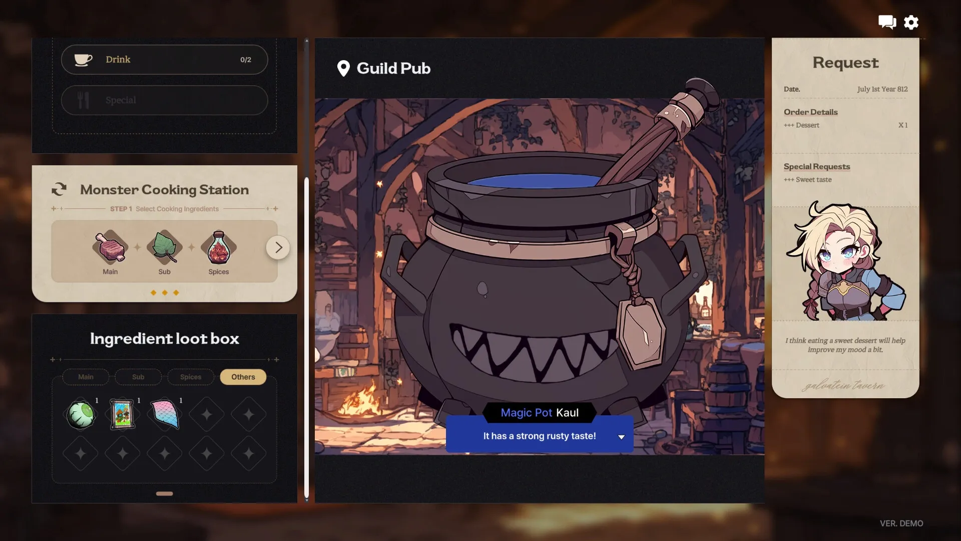 Galvatein: Cooking station with ingredients and a cauldron in the guild pub setting