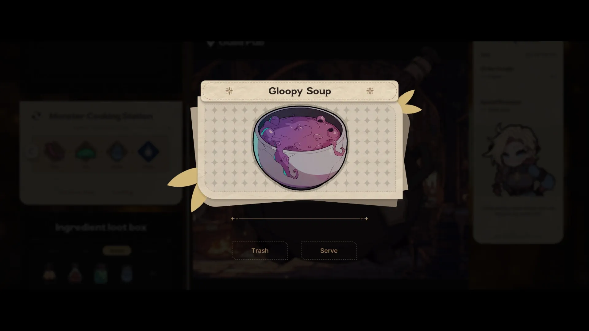 Galvatein: Gloopy Soup dish at Monster Cooking Station in guild hall with "Trash" or "Serve" options