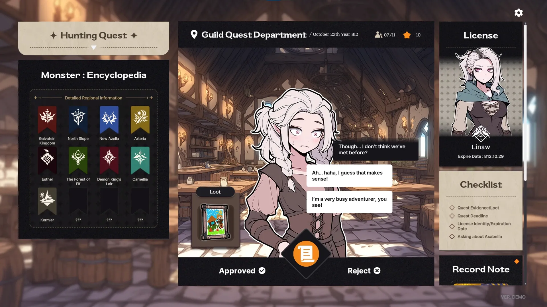 Galvatein: Linaw at guild desk with quest dialogue and monster encyclopedia in wooden hall setting