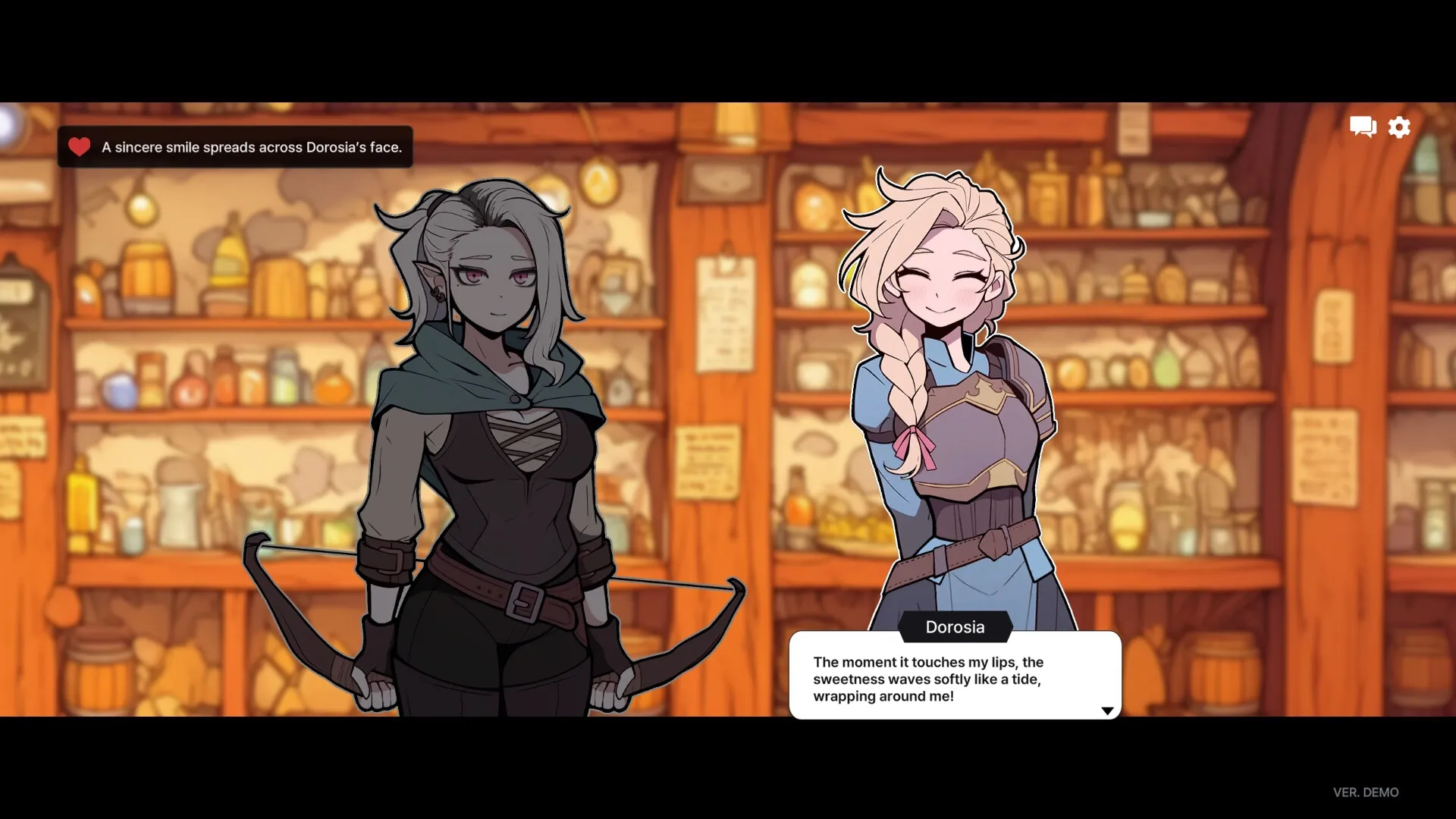 Galvatein: Dorosia smiles warmly at another character in a cozy guild tavern setting.