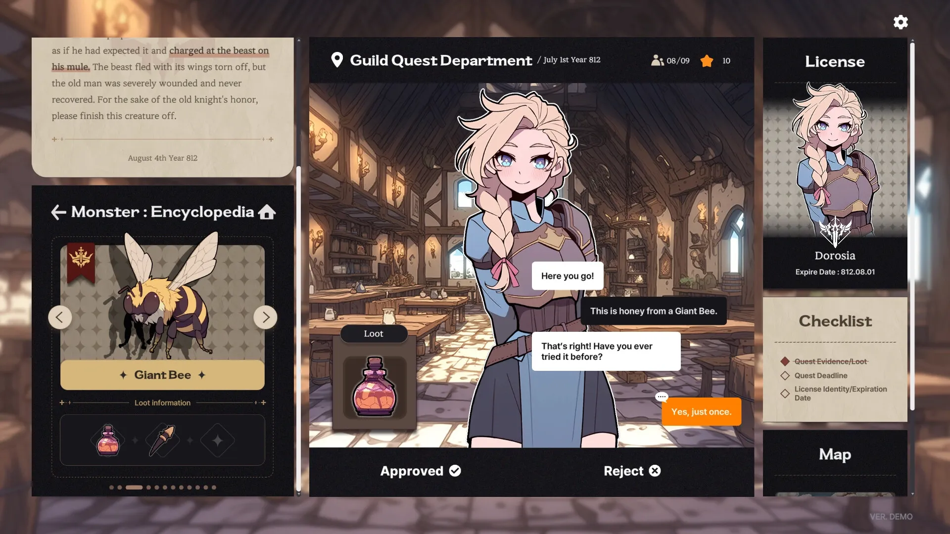 Galvatein: Dorosia offers Giant Bee honey in a cozy guild hall with quest and encyclopedia UI elements