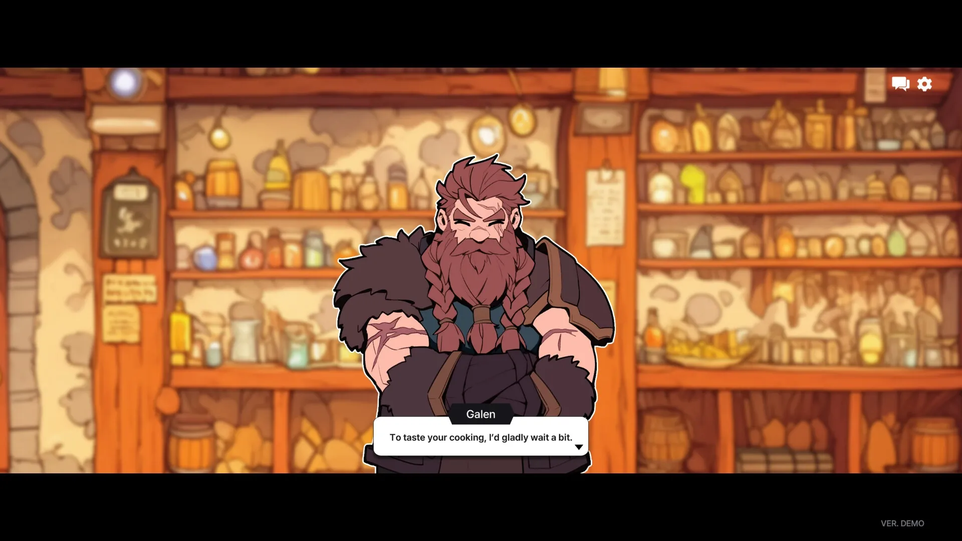 Galvatein: Galen stands at guild bar with shelves of items in cozy guild hall background.