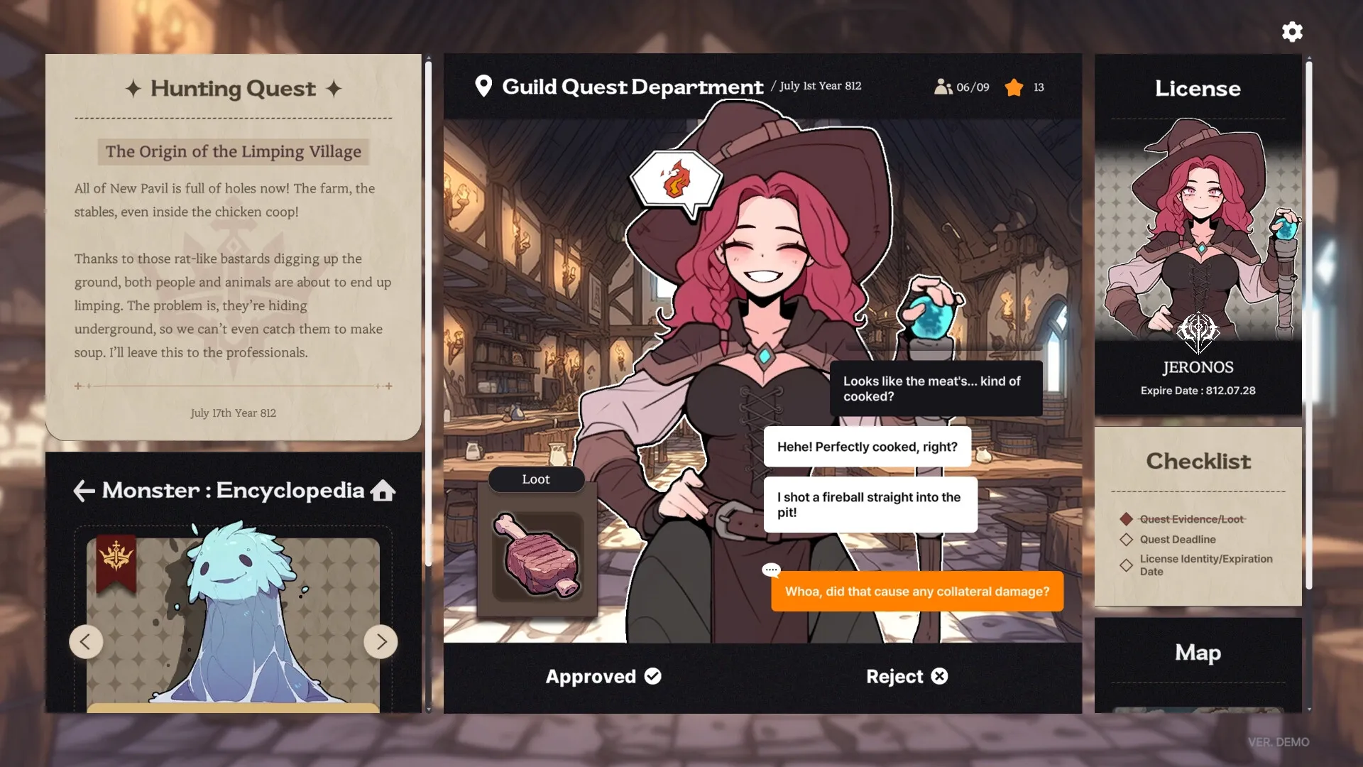 Galvatein: Jeronos in guild hall with quest log, monster encyclopedia, and dialogue options displayed.