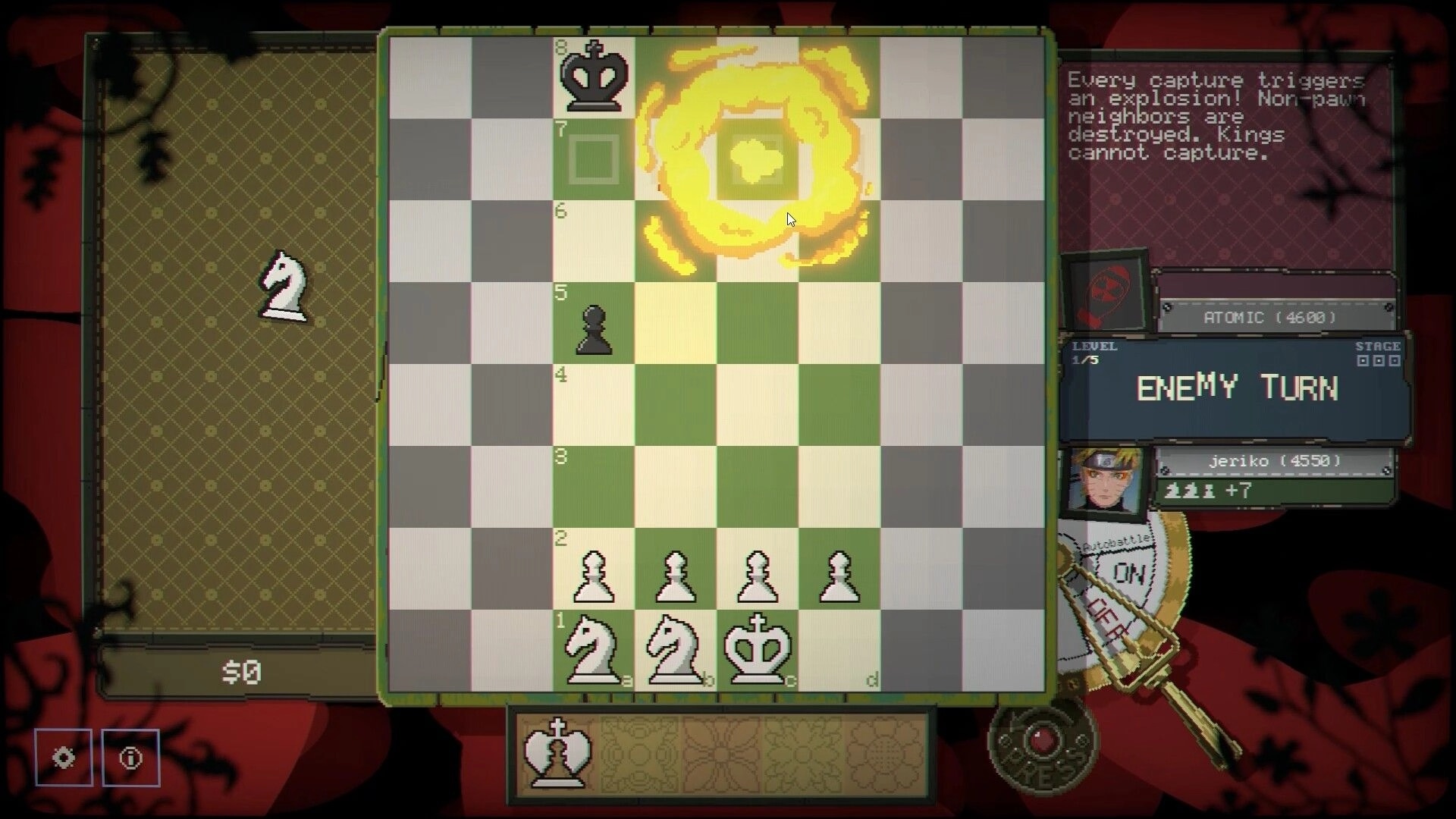 Gambit: Atomic chess explosion on the board during enemy turn, variant text and score UI shown.